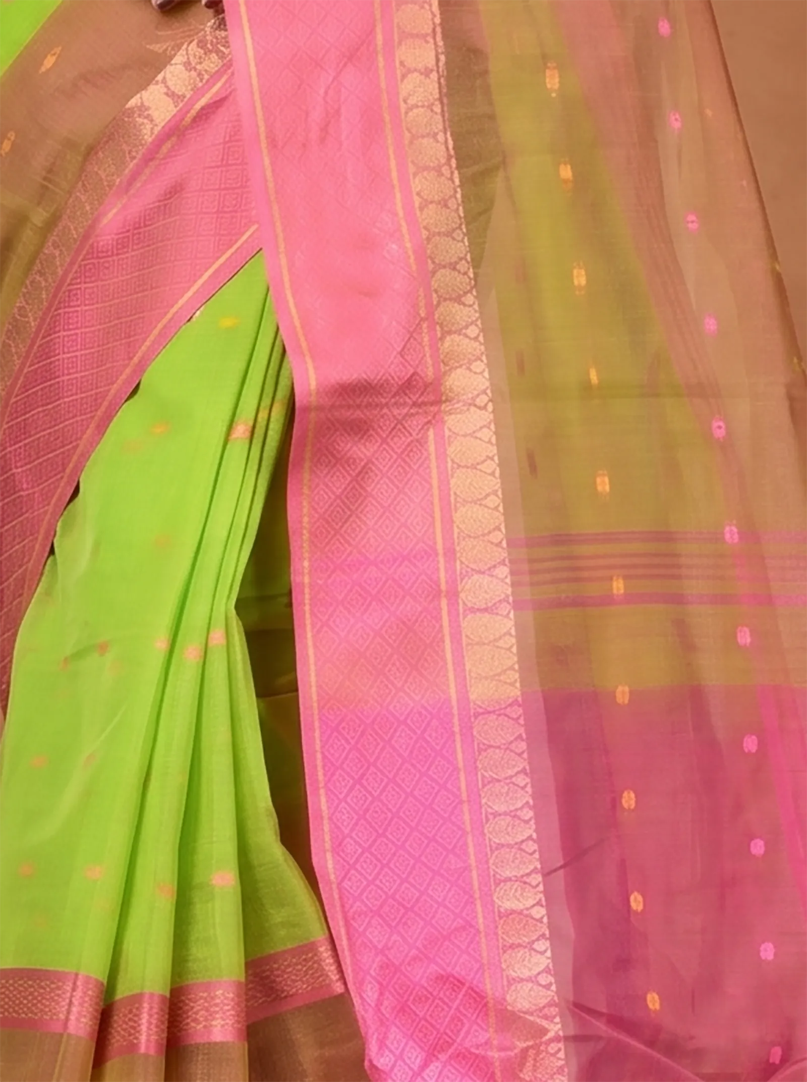 DipDiya Pure Cotton  Traditional Bengali Light Green Artisan Crafted Ganga Jamuna Buti Tant Saree