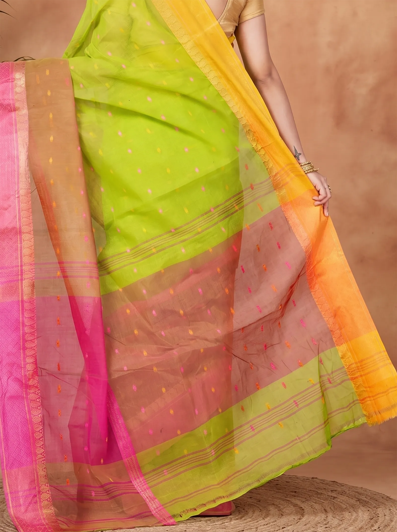 DipDiya Pure Cotton  Traditional Bengali Light Green Artisan Crafted Ganga Jamuna Buti Tant Saree