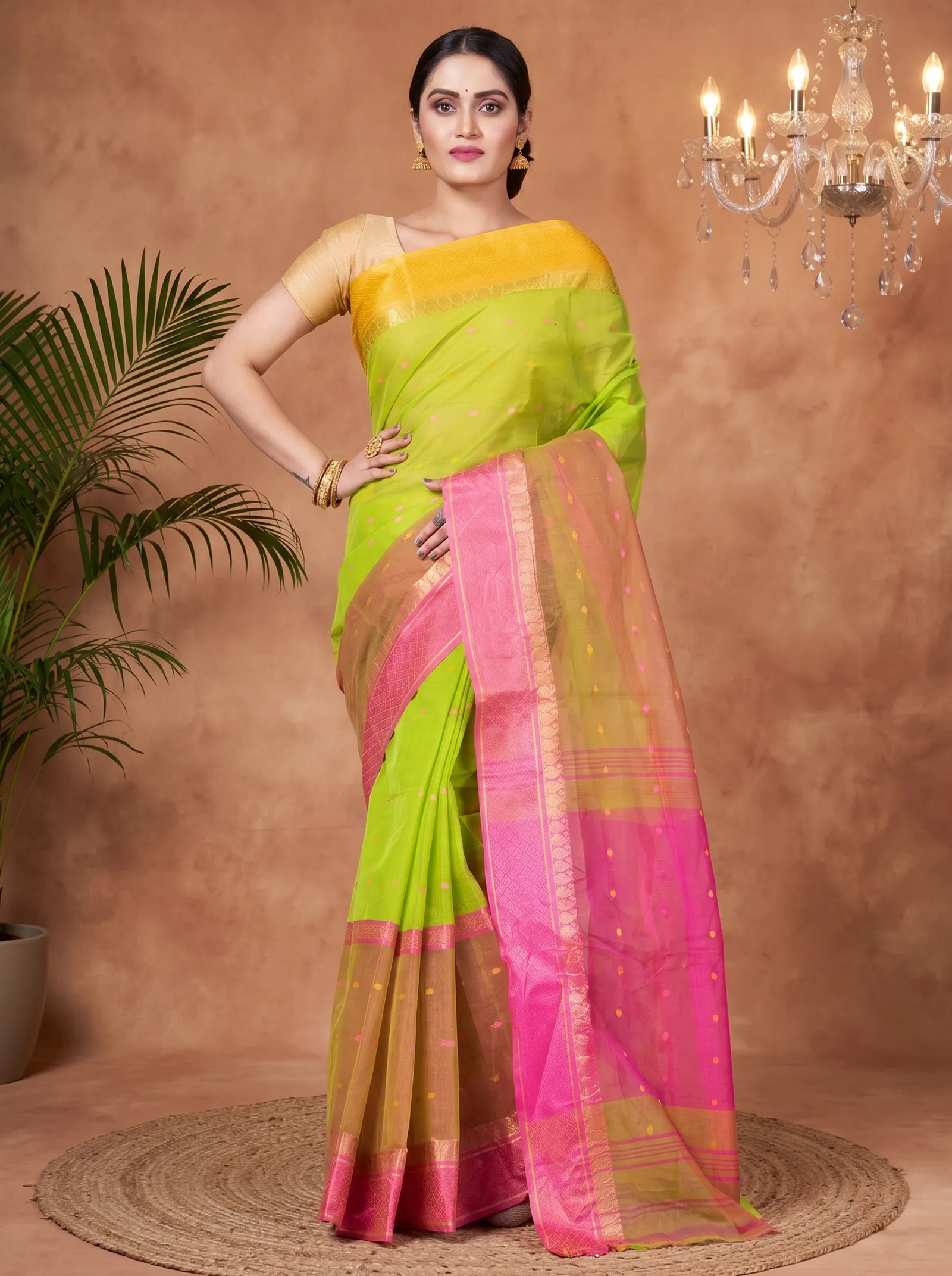 DipDiya Pure Cotton  Traditional Bengali Light Green Artisan Crafted Ganga Jamuna Buti Tant Saree