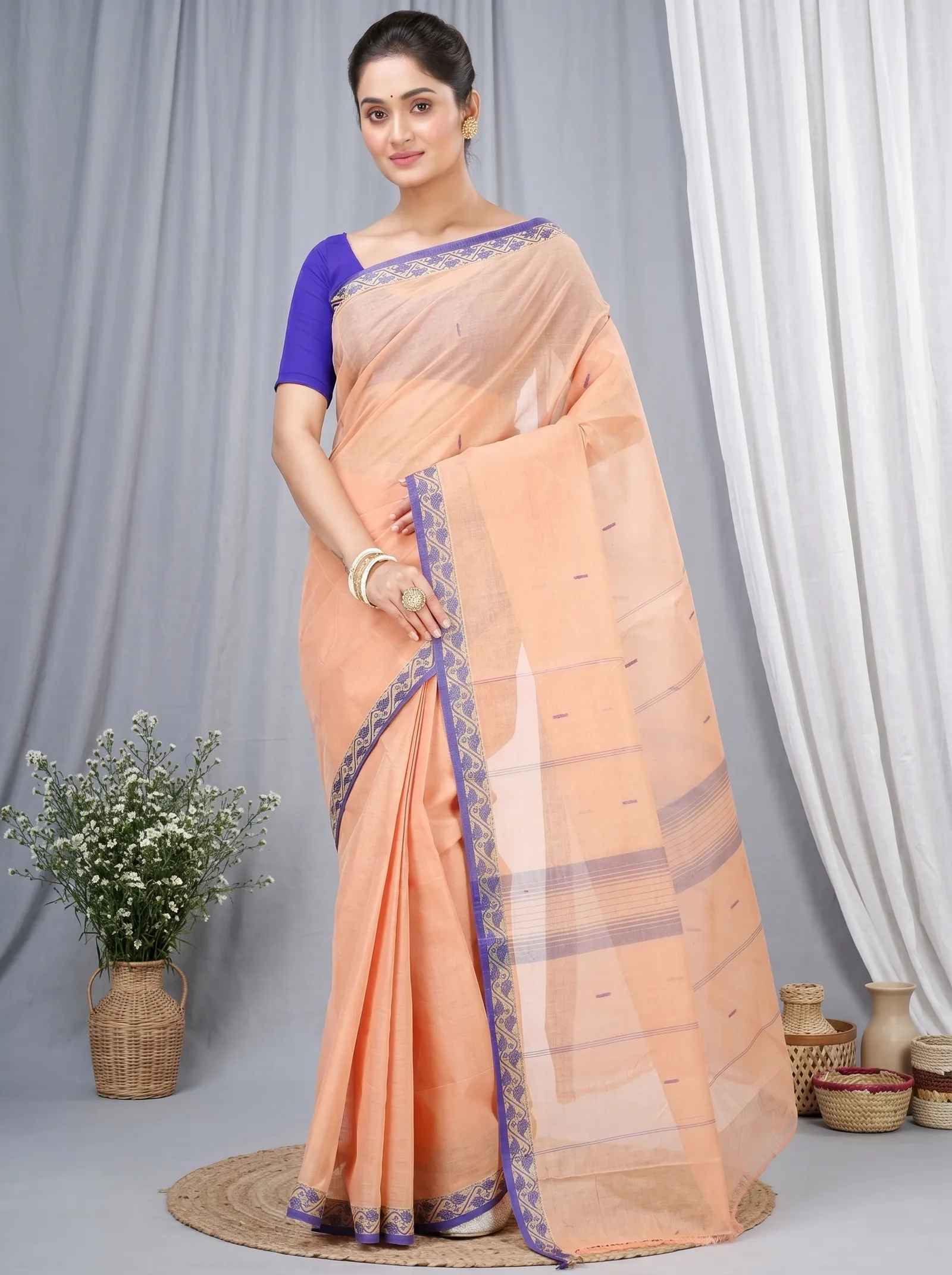 DipDiya Pure Cotton  Traditional Bengali Light White Artisan Crafted Gaela Tant Saree