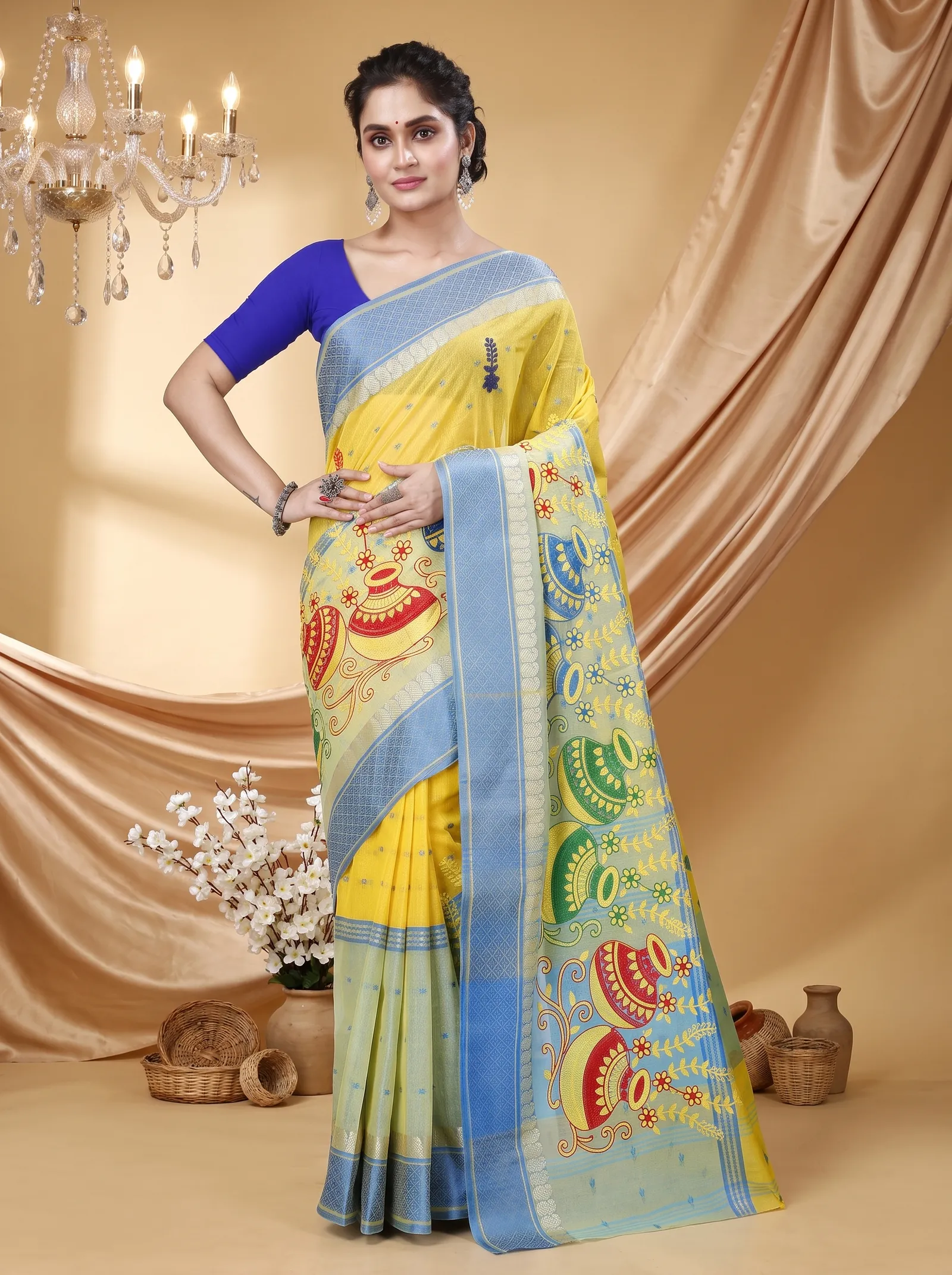 DipDiya Pure Cotton  Traditional Bengali Light Yellow Artisan Crafted Embi Ganga Buti Embroidery Tant Saree