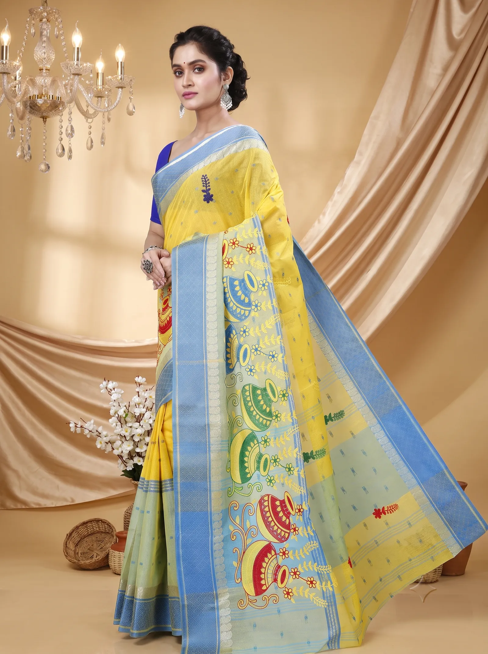 DipDiya Pure Cotton  Traditional Bengali Light Yellow Artisan Crafted Embi Ganga Buti Embroidery Tant Saree