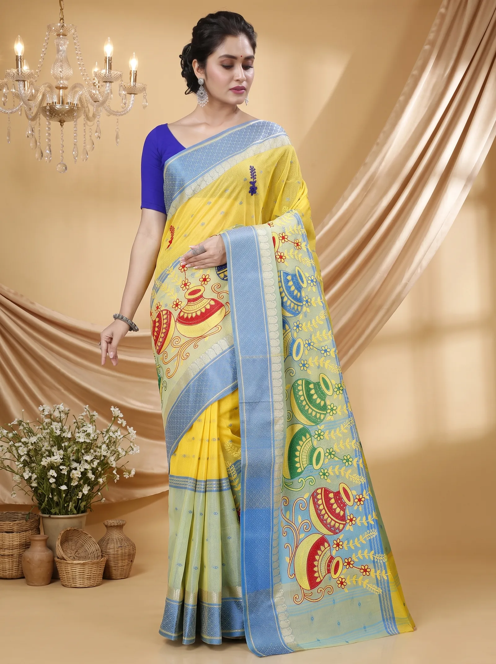 DipDiya Pure Cotton  Traditional Bengali Light Yellow Artisan Crafted Embi Ganga Buti Embroidery Tant Saree