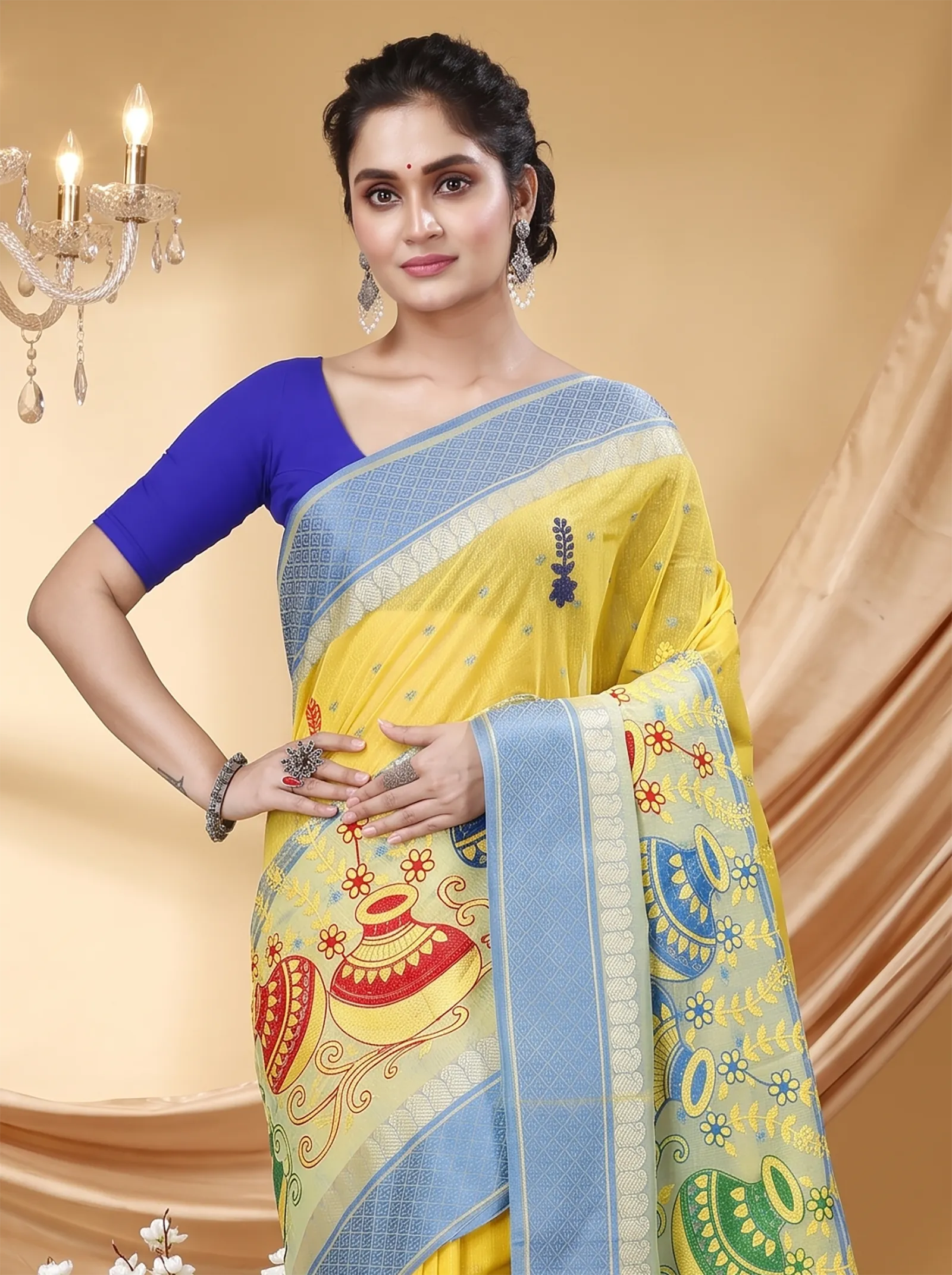 DipDiya Pure Cotton  Traditional Bengali Light Yellow Artisan Crafted Embi Ganga Buti Embroidery Tant Saree