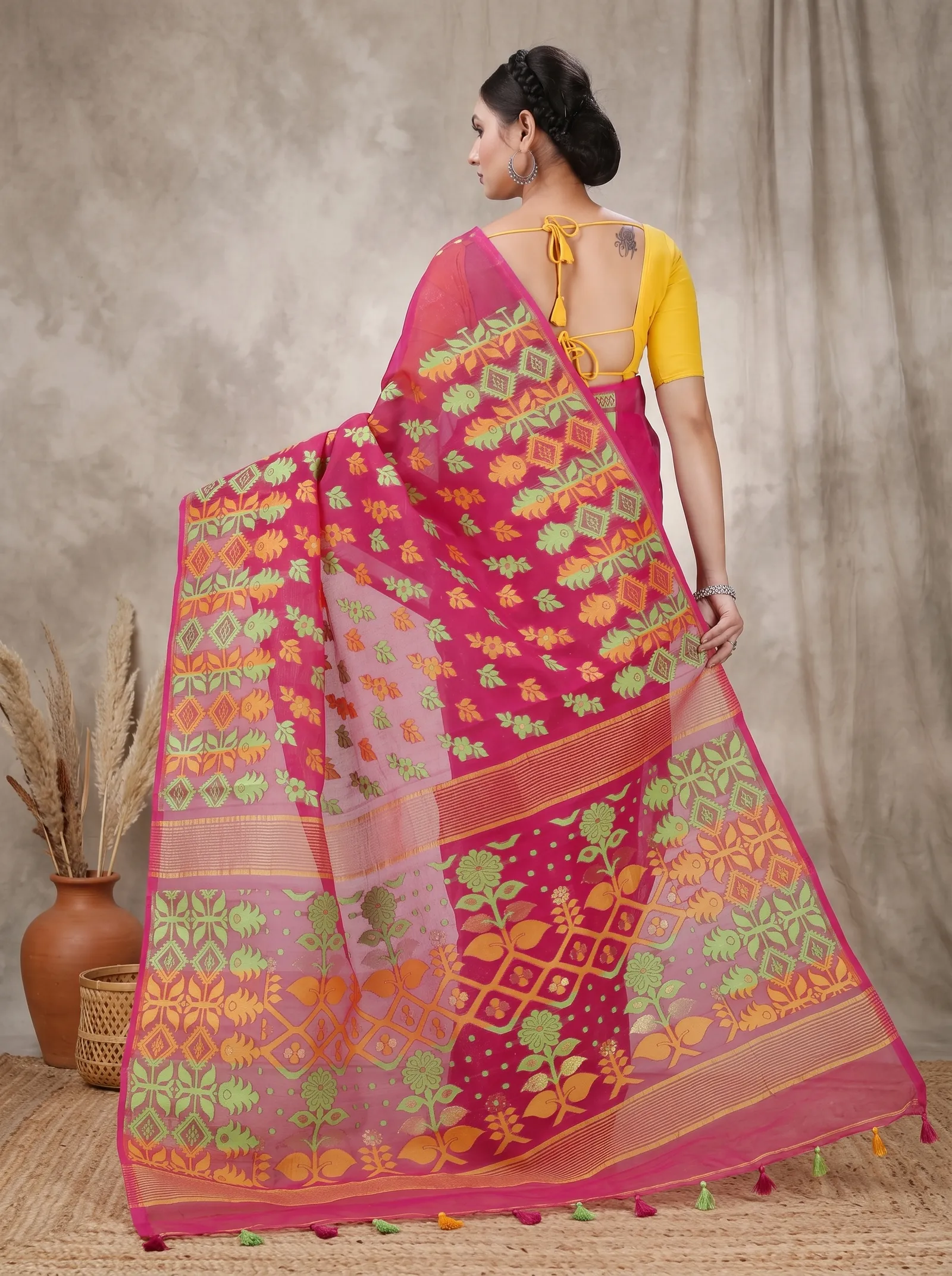 DipDiya Pure Cotton  Traditional Bengali Maroon Artisan Crafted Urmila Jamdani Saree