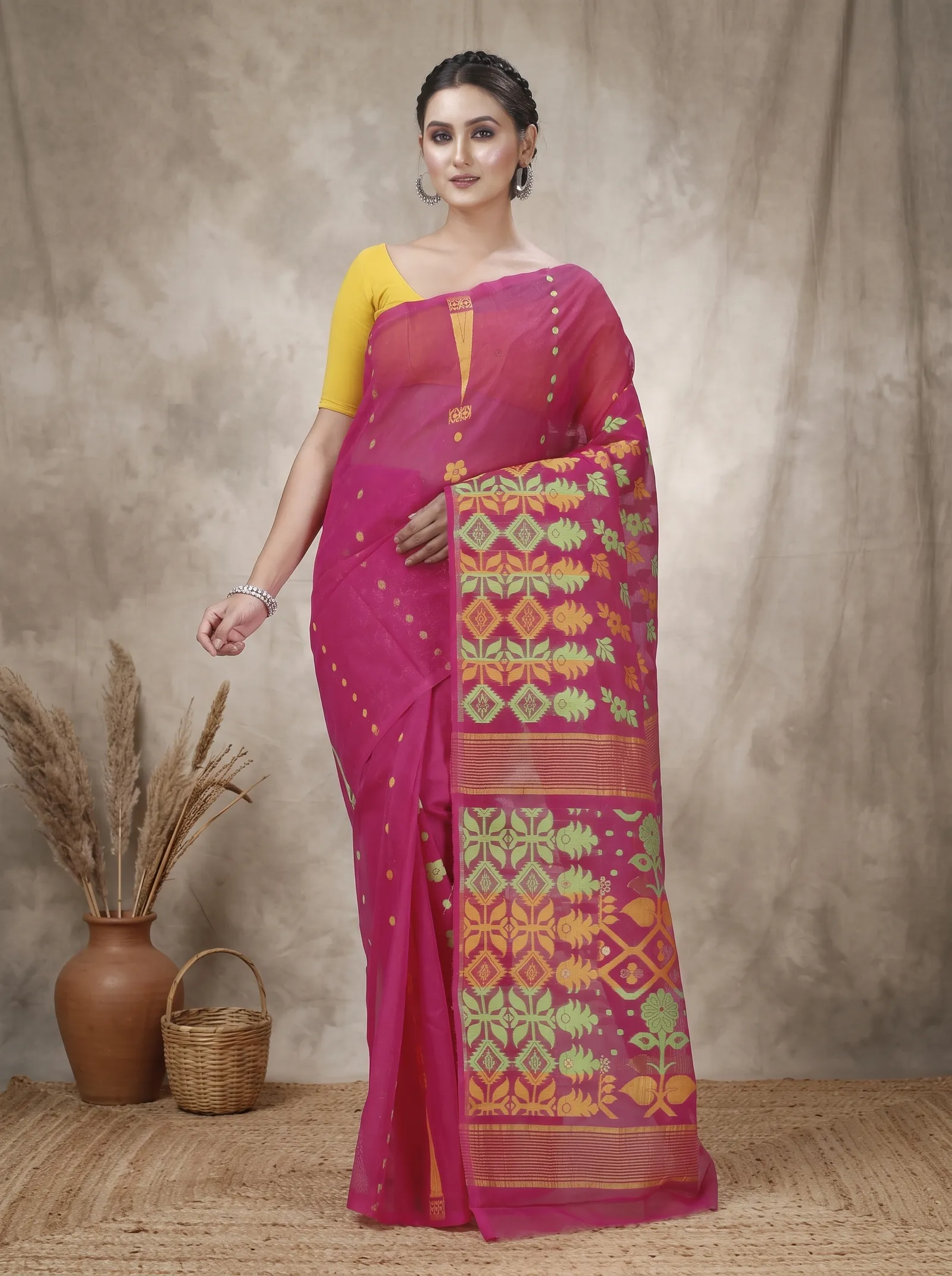 DipDiya Pure Cotton  Traditional Bengali Maroon Artisan Crafted Urmila Jamdani Saree