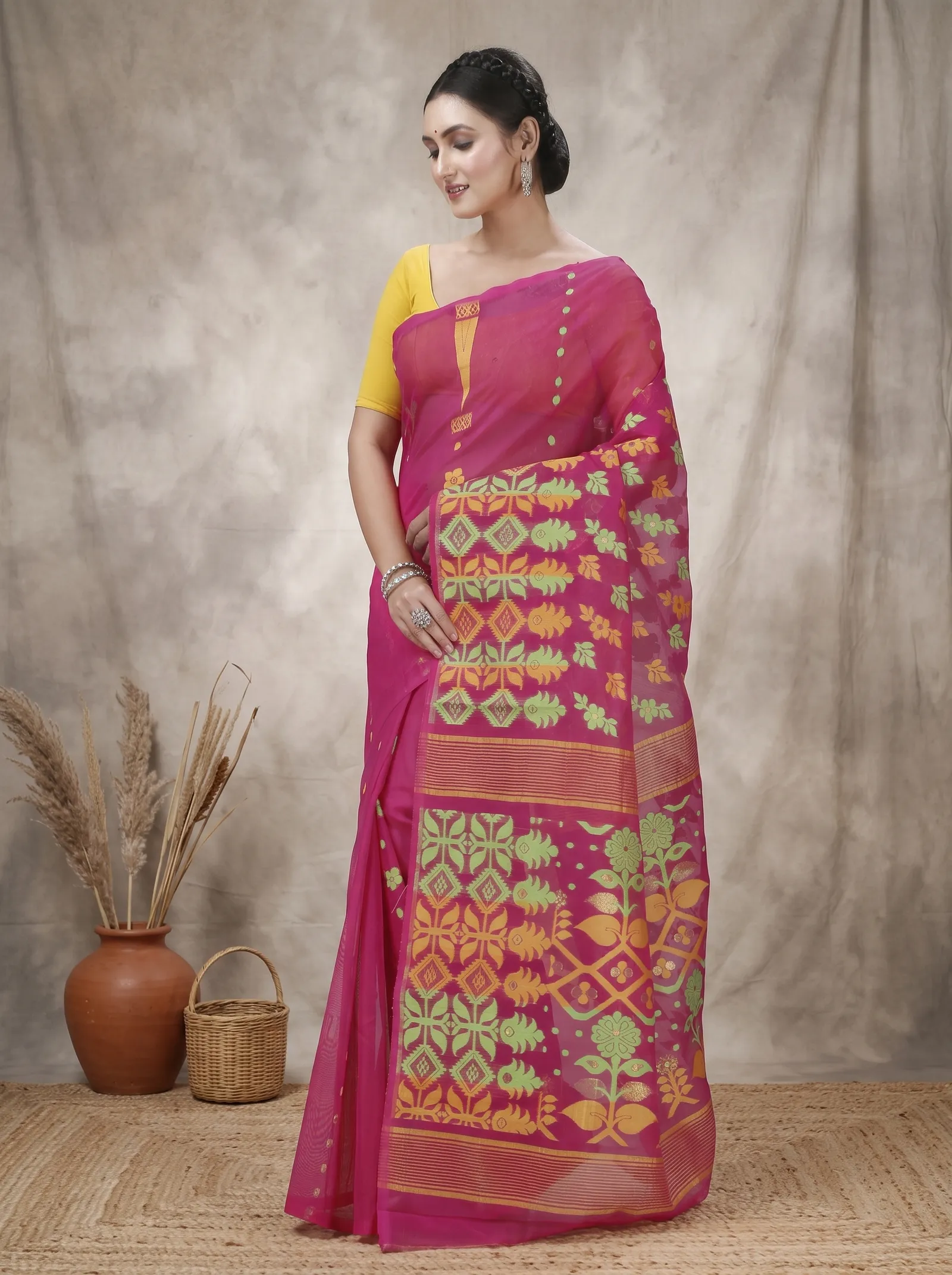DipDiya Pure Cotton  Traditional Bengali Maroon Artisan Crafted Urmila Jamdani Saree