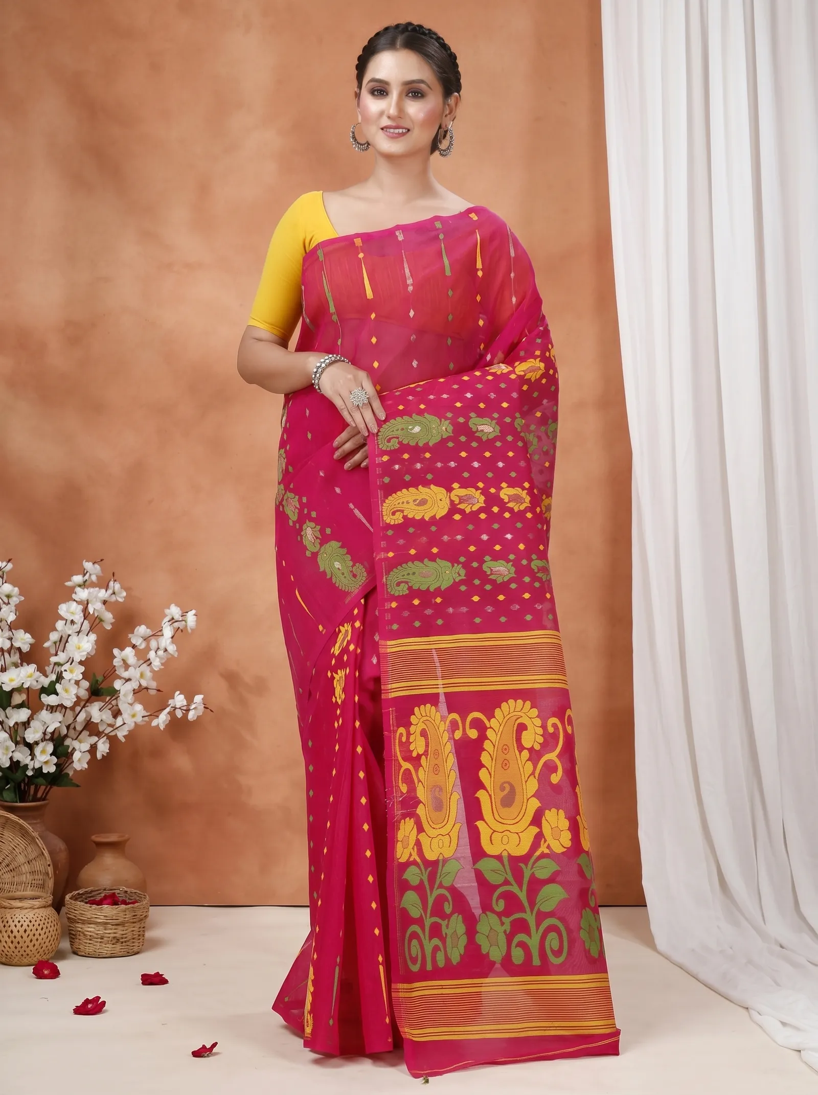 DipDiya Pure Cotton  Traditional Bengali Maroon Artisan Crafted Vani Jamdani Saree