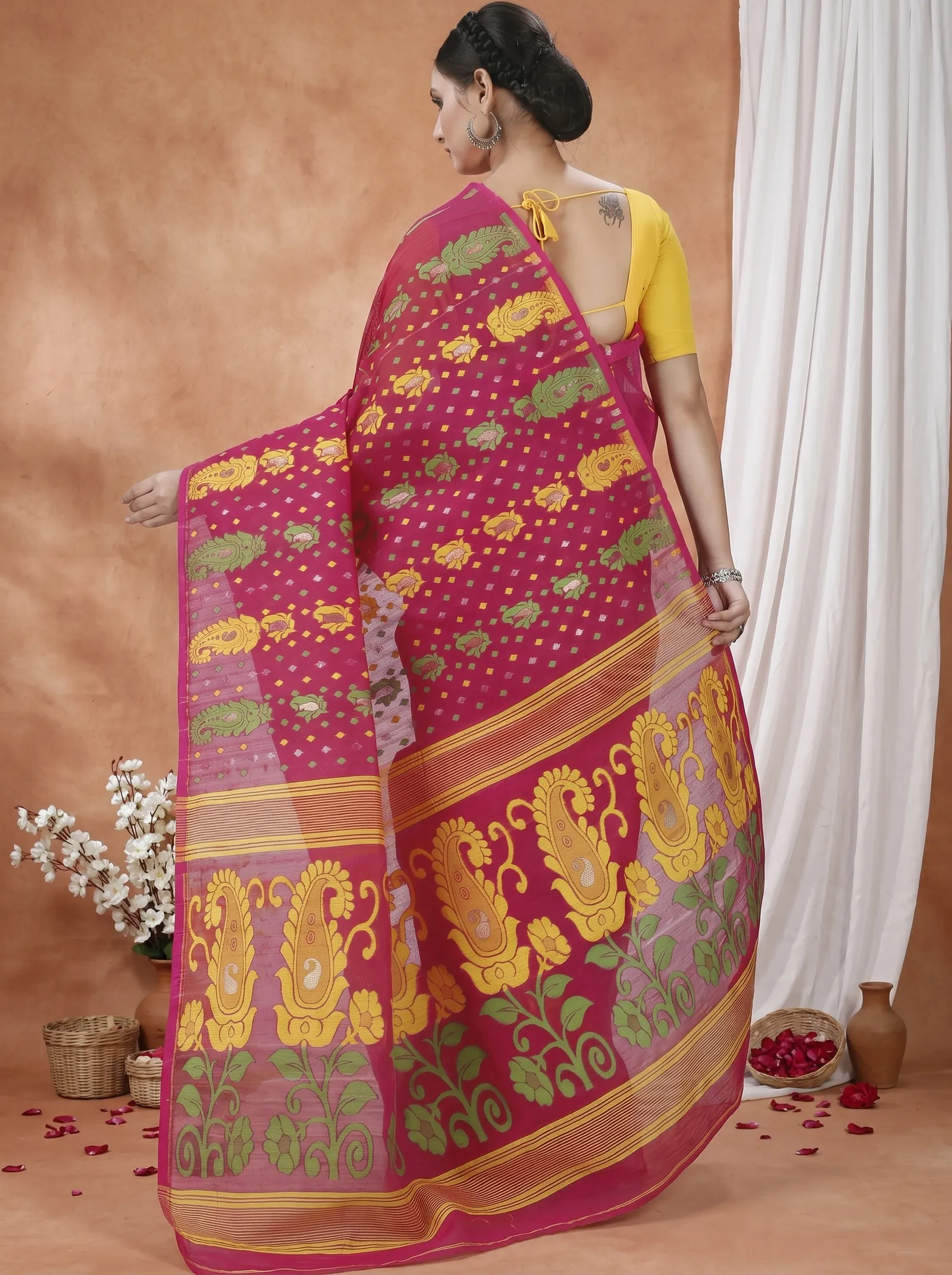 DipDiya Pure Cotton  Traditional Bengali Maroon Artisan Crafted Vani Jamdani Saree