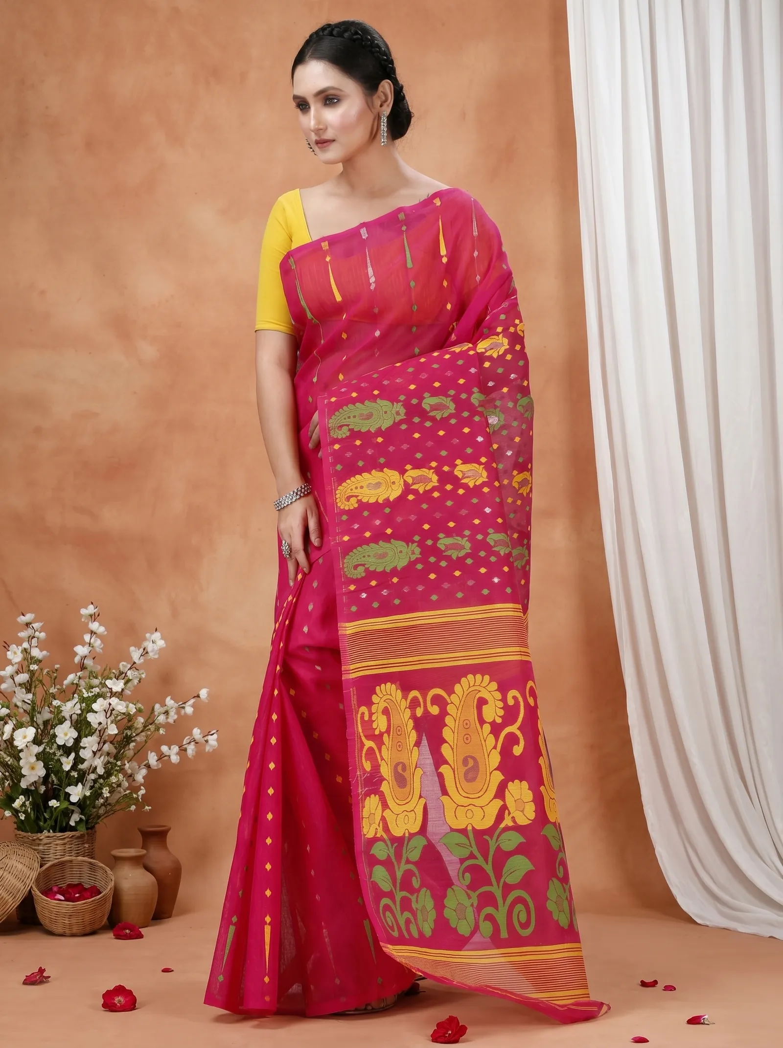 DipDiya Pure Cotton  Traditional Bengali Maroon Artisan Crafted Vani Jamdani Saree