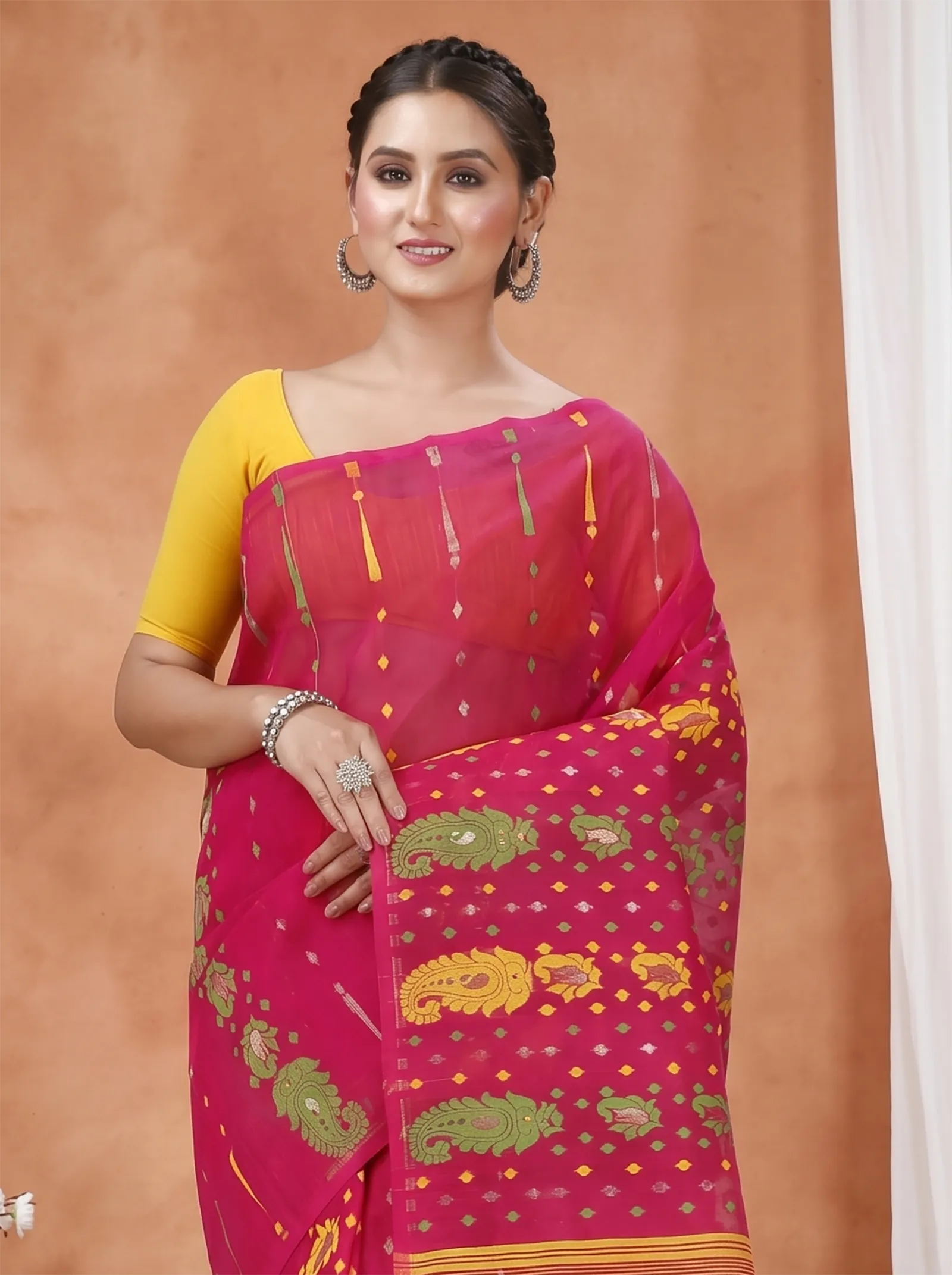 DipDiya Pure Cotton  Traditional Bengali Maroon Artisan Crafted Vani Jamdani Saree