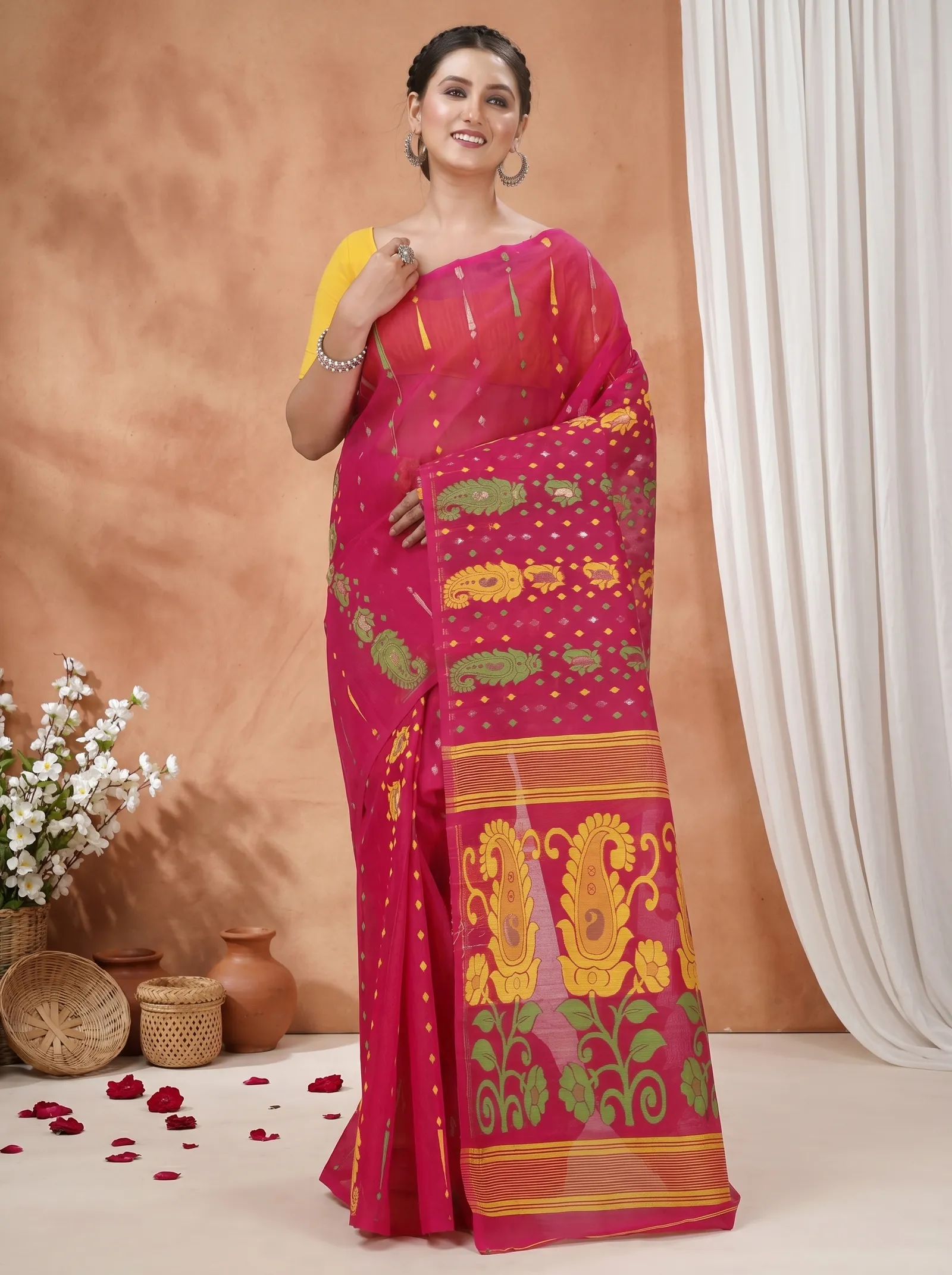 DipDiya Pure Cotton  Traditional Bengali Maroon Artisan Crafted Vani Jamdani Saree