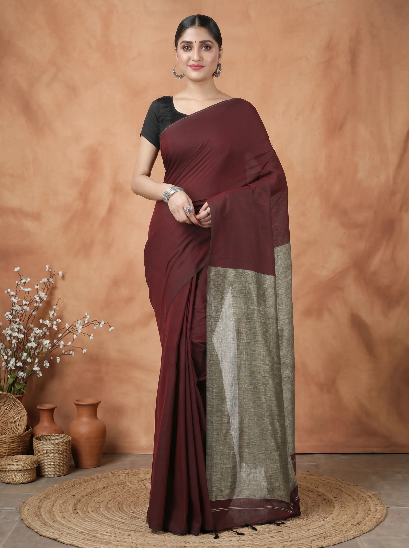DipDiya Pure Cotton  Traditional Bengali Merron Artisan Crafted Kesh Than Handloom Saree