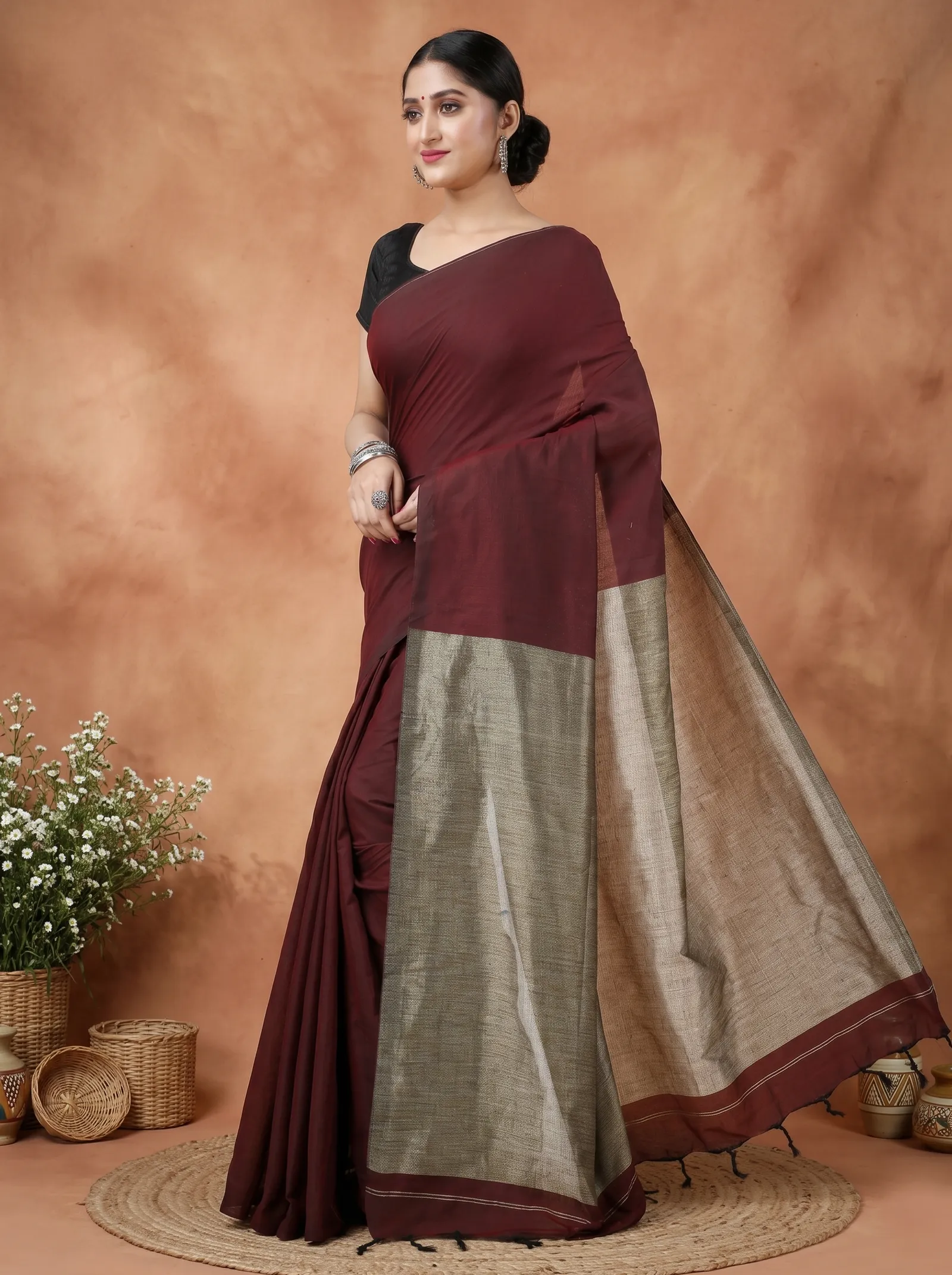 DipDiya Pure Cotton  Traditional Bengali Merron Artisan Crafted Kesh Than Handloom Saree