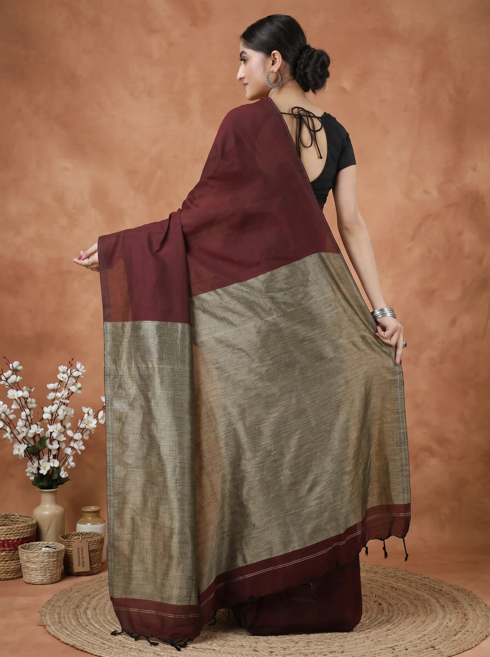 DipDiya Pure Cotton  Traditional Bengali Merron Artisan Crafted Kesh Than Handloom Saree