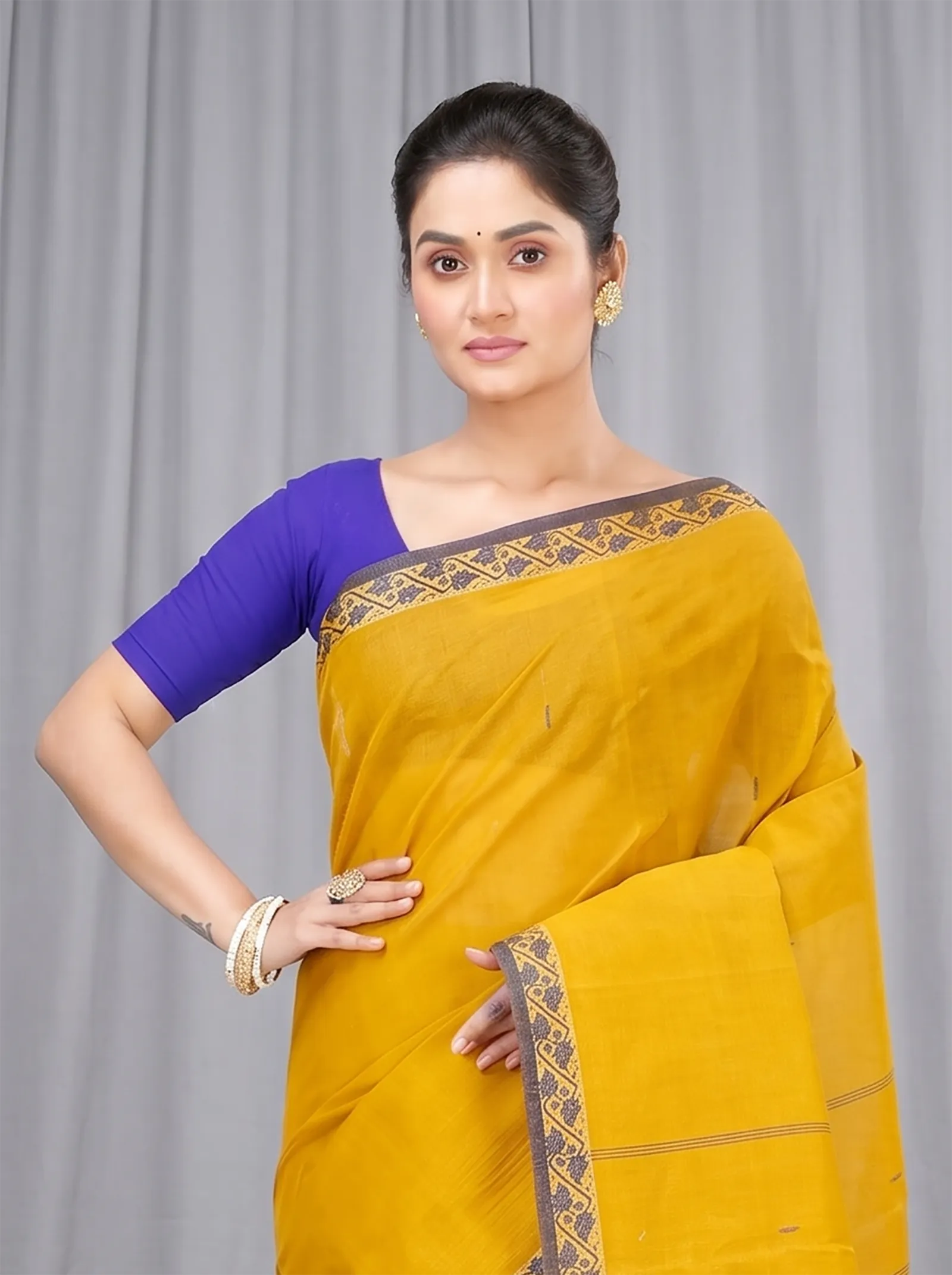 DipDiya Pure Cotton  Traditional Bengali Mustard Yellow Artisan Crafted Gaela Tant Saree