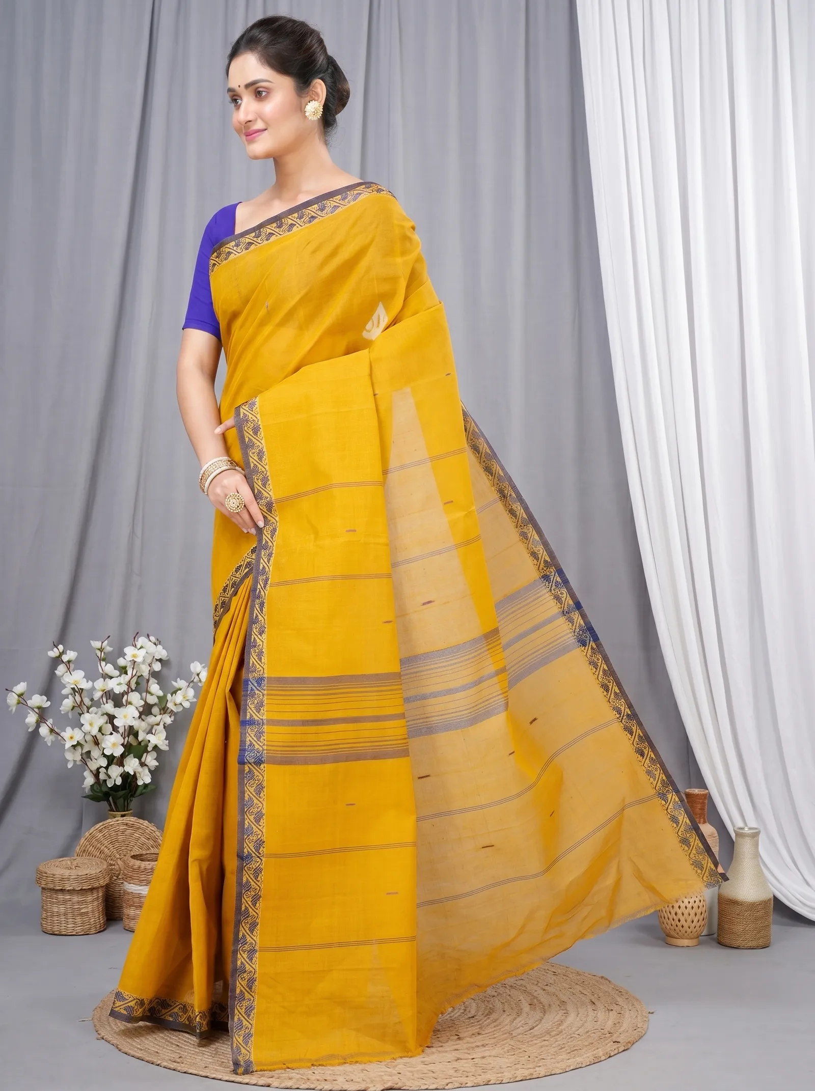 DipDiya Pure Cotton  Traditional Bengali Mustard Yellow Artisan Crafted Gaela Tant Saree