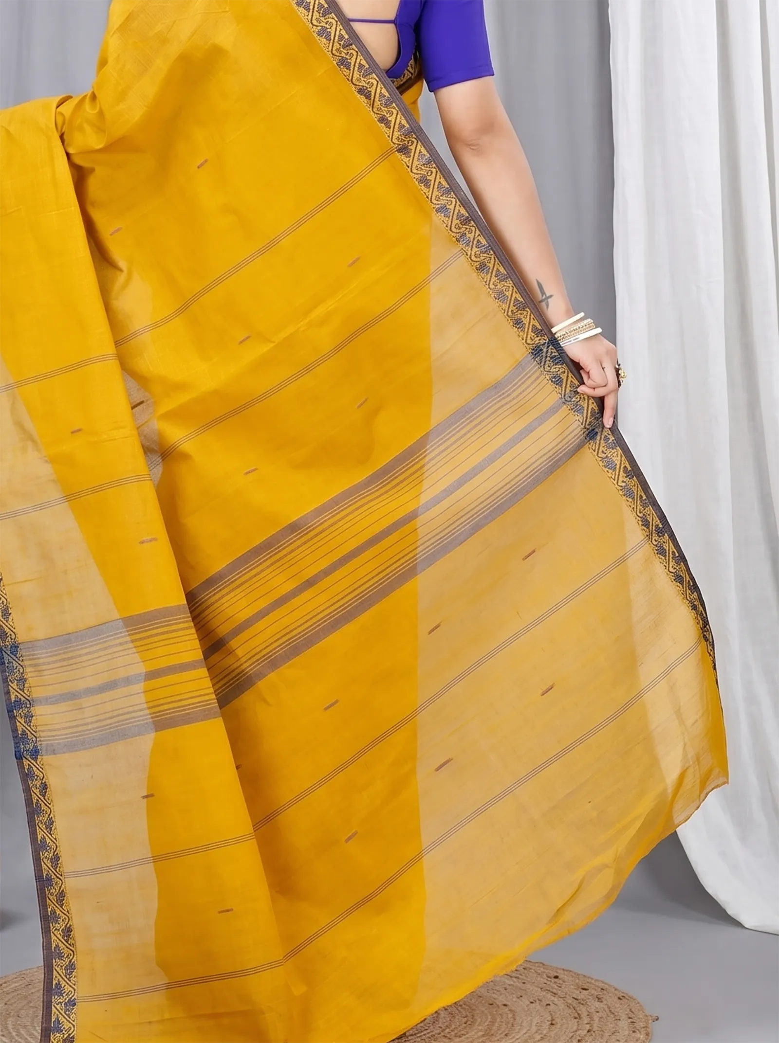 DipDiya Pure Cotton  Traditional Bengali Mustard Yellow Artisan Crafted Gaela Tant Saree