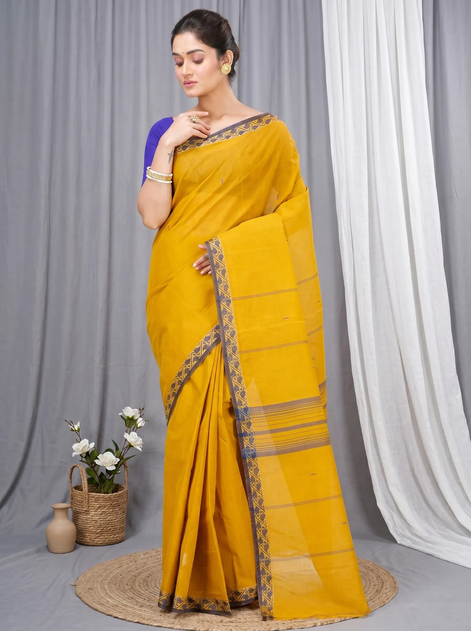 DipDiya Pure Cotton  Traditional Bengali Mustard Yellow Artisan Crafted Gaela Tant Saree