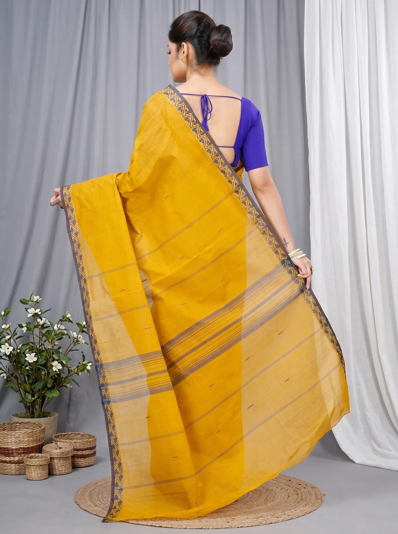 DipDiya Pure Cotton  Traditional Bengali Mustard Yellow Artisan Crafted Gaela Tant Saree