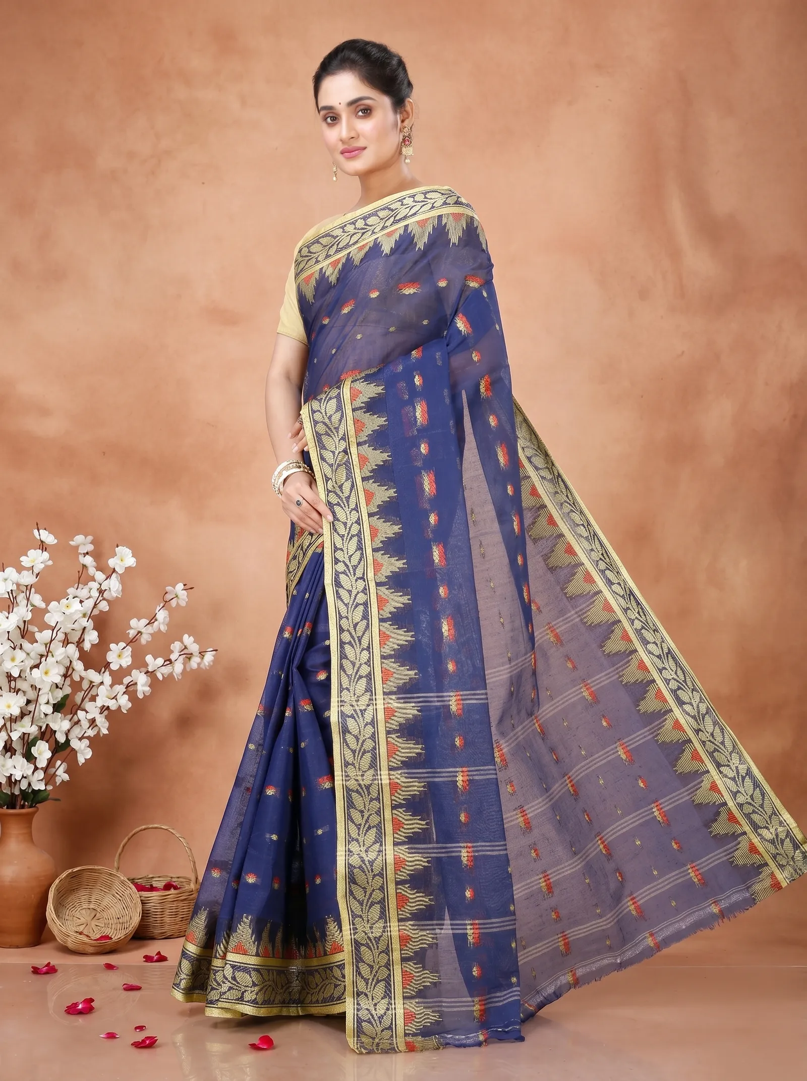 DipDiya Pure Cotton  Traditional Bengali Naby Blue Artisan Crafted Gunjan Tant Saree