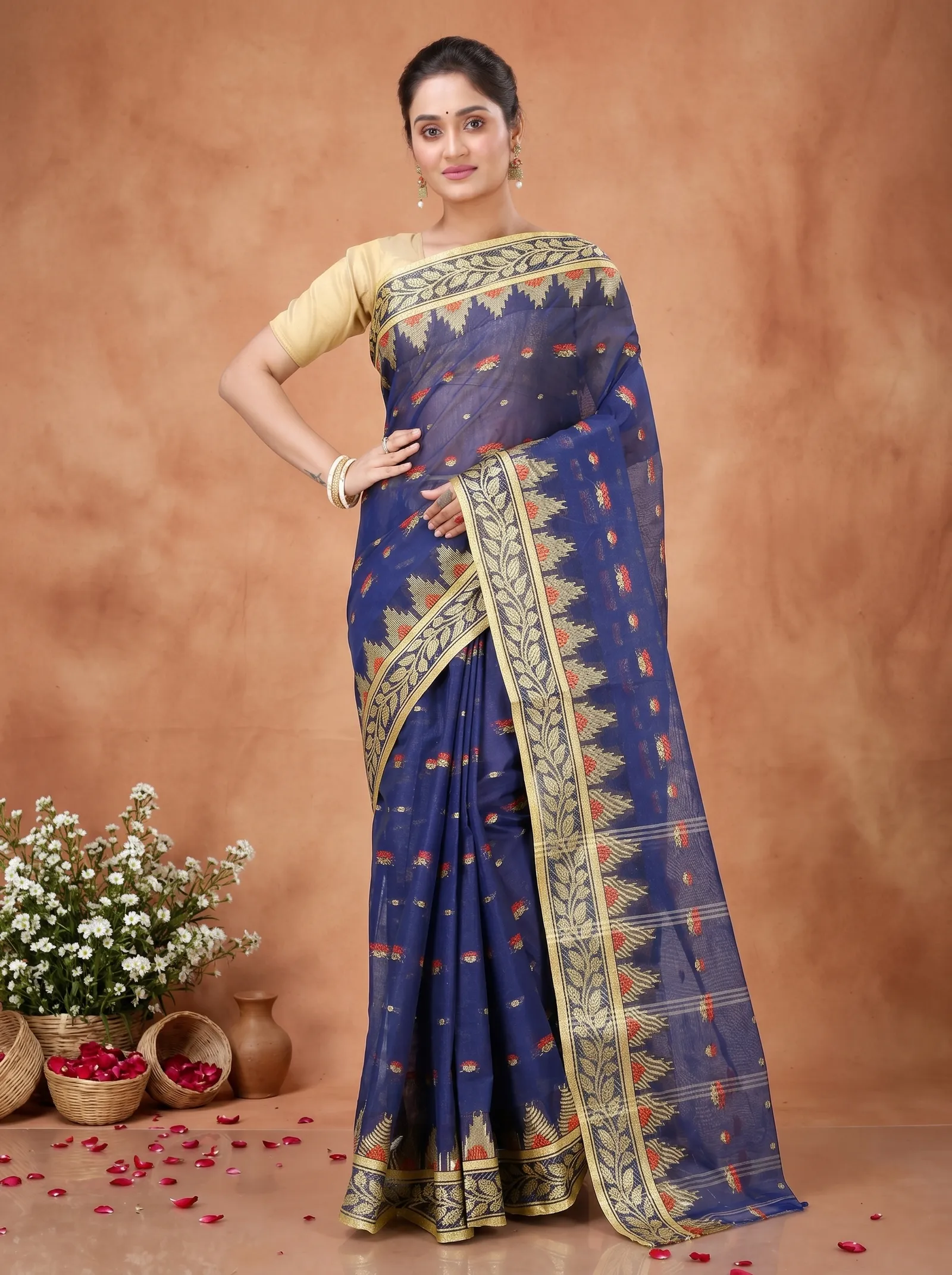 DipDiya Pure Cotton  Traditional Bengali Naby Blue Artisan Crafted Gunjan Tant Saree