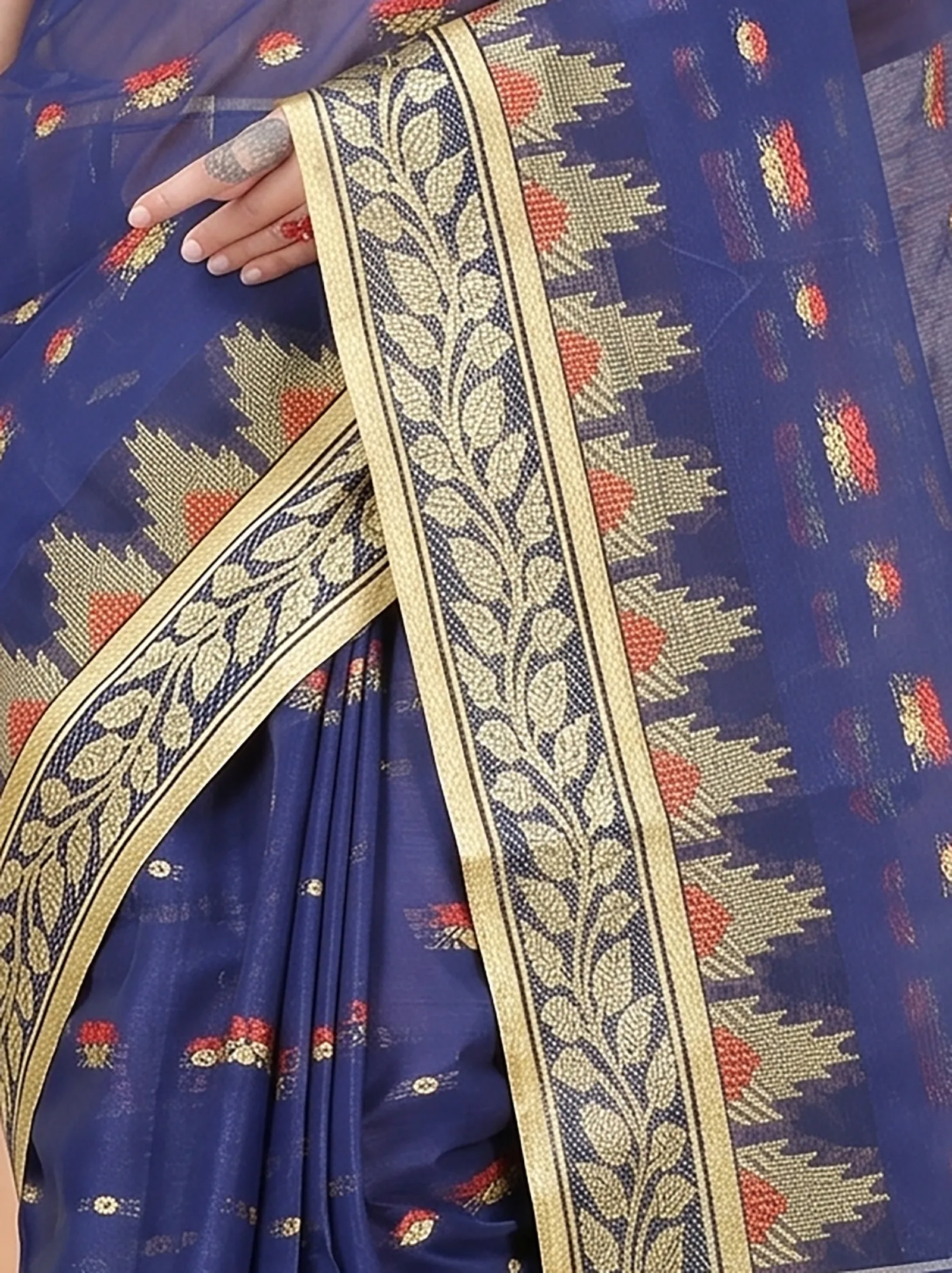DipDiya Pure Cotton  Traditional Bengali Naby Blue Artisan Crafted Gunjan Tant Saree