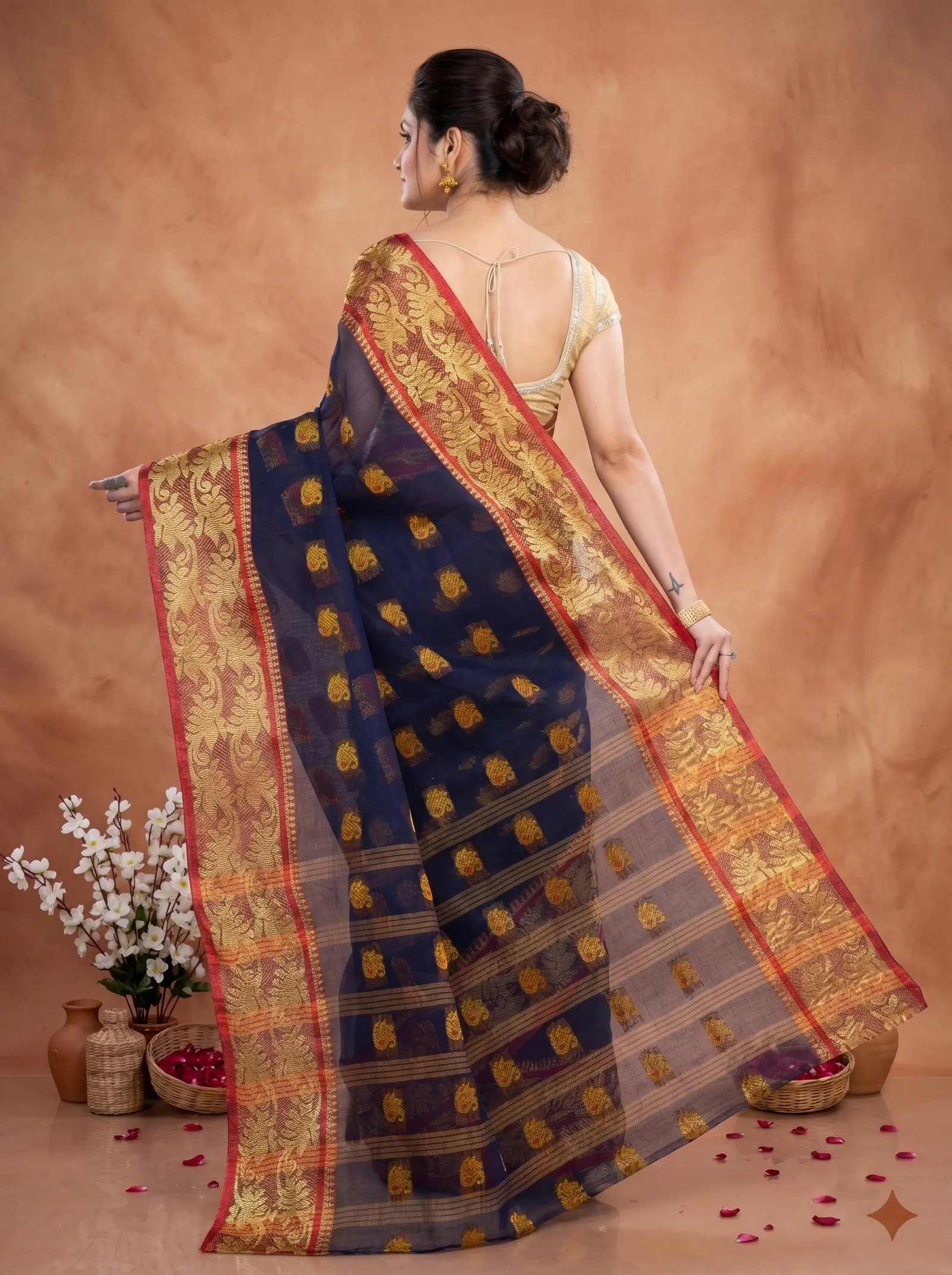 DipDiya Pure Cotton  Traditional Bengali Naby Blue Artisan Crafted HasFul Tant Saree