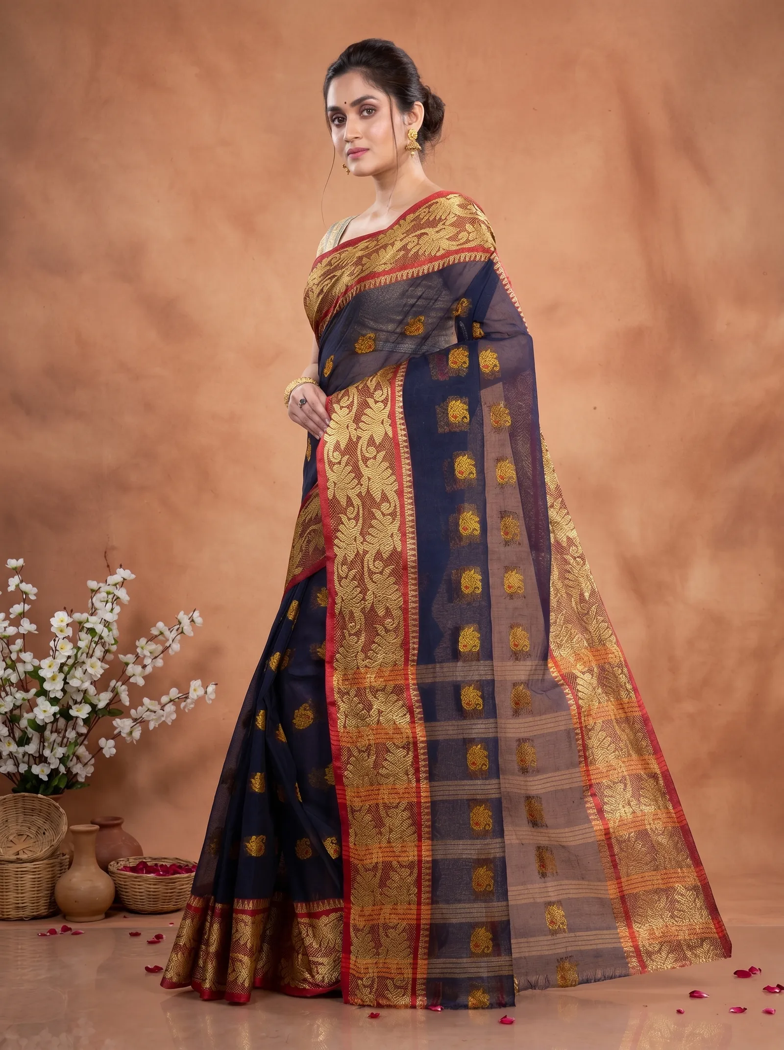 DipDiya Pure Cotton  Traditional Bengali Naby Blue Artisan Crafted HasFul Tant Saree