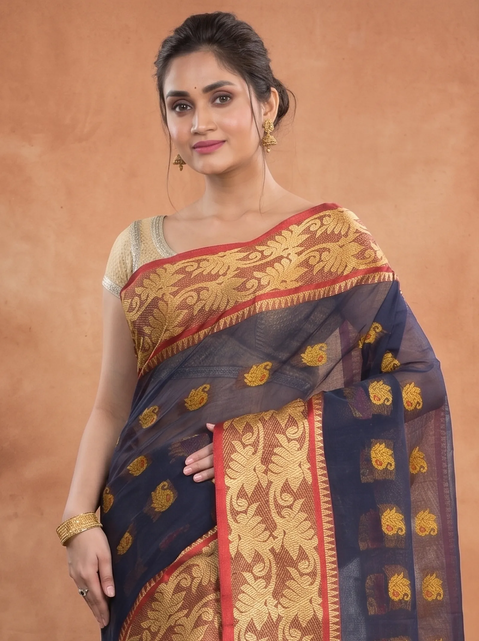 DipDiya Pure Cotton  Traditional Bengali Naby Blue Artisan Crafted HasFul Tant Saree