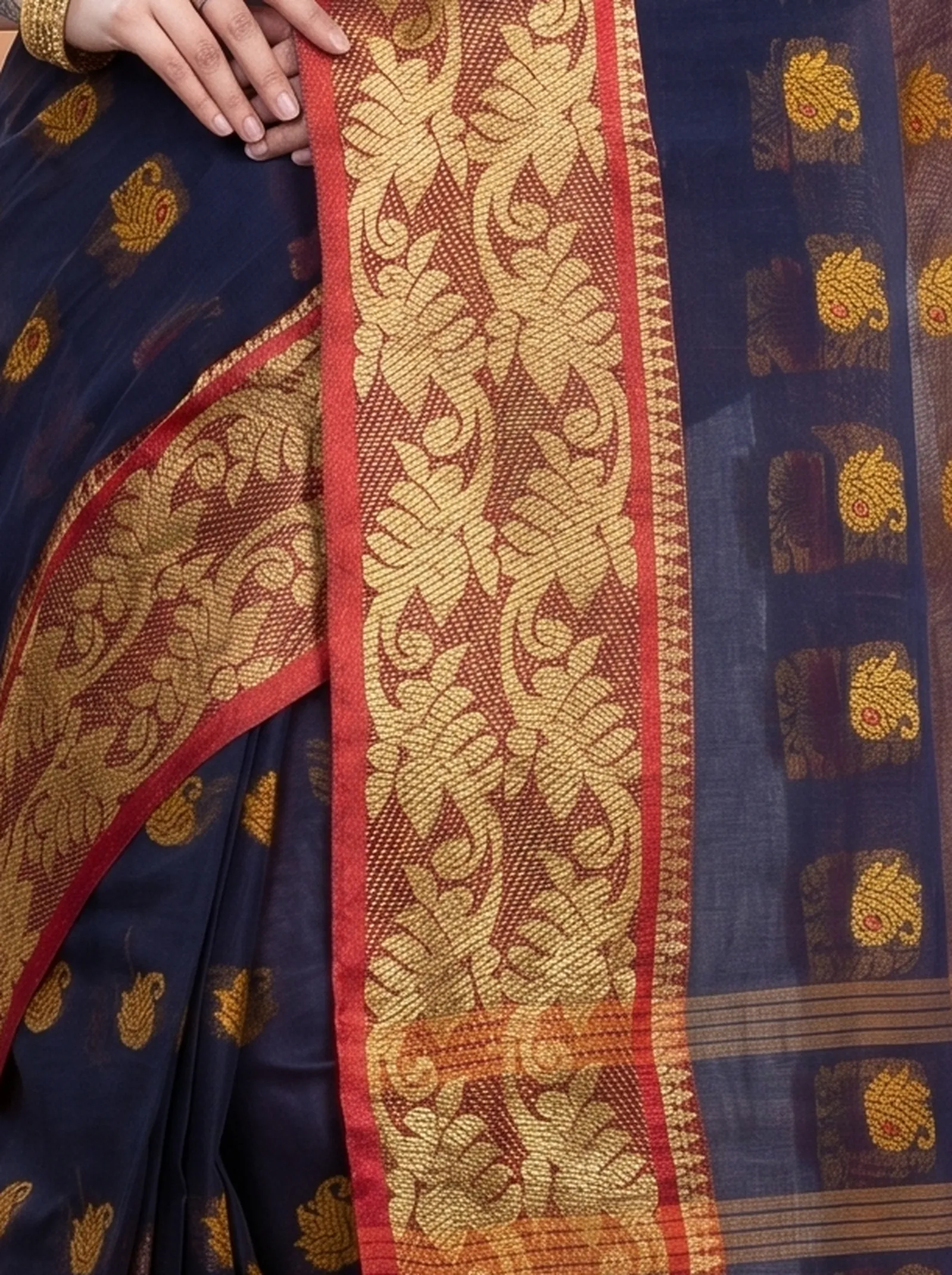 DipDiya Pure Cotton  Traditional Bengali Naby Blue Artisan Crafted HasFul Tant Saree