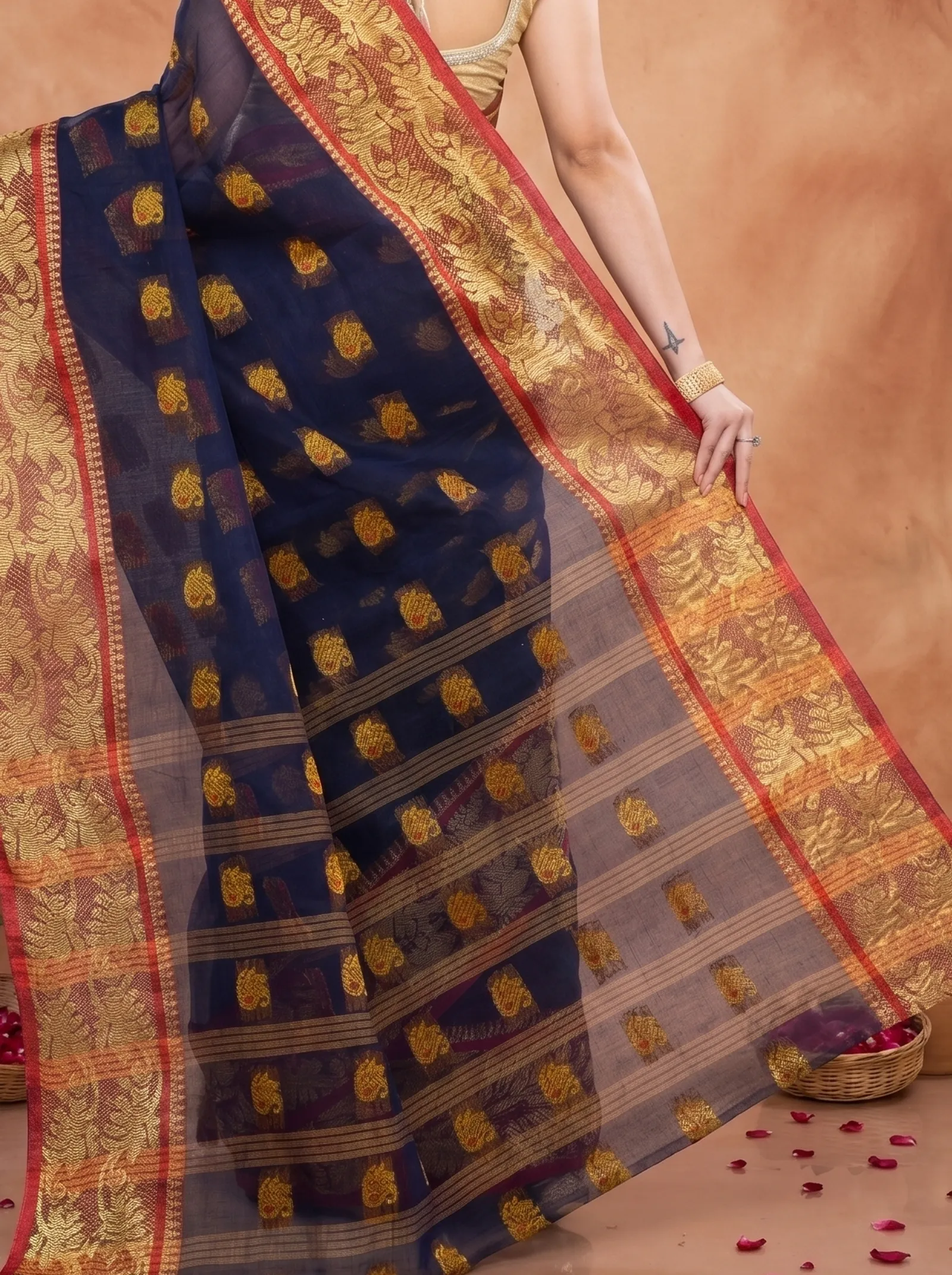 DipDiya Pure Cotton  Traditional Bengali Naby Blue Artisan Crafted HasFul Tant Saree
