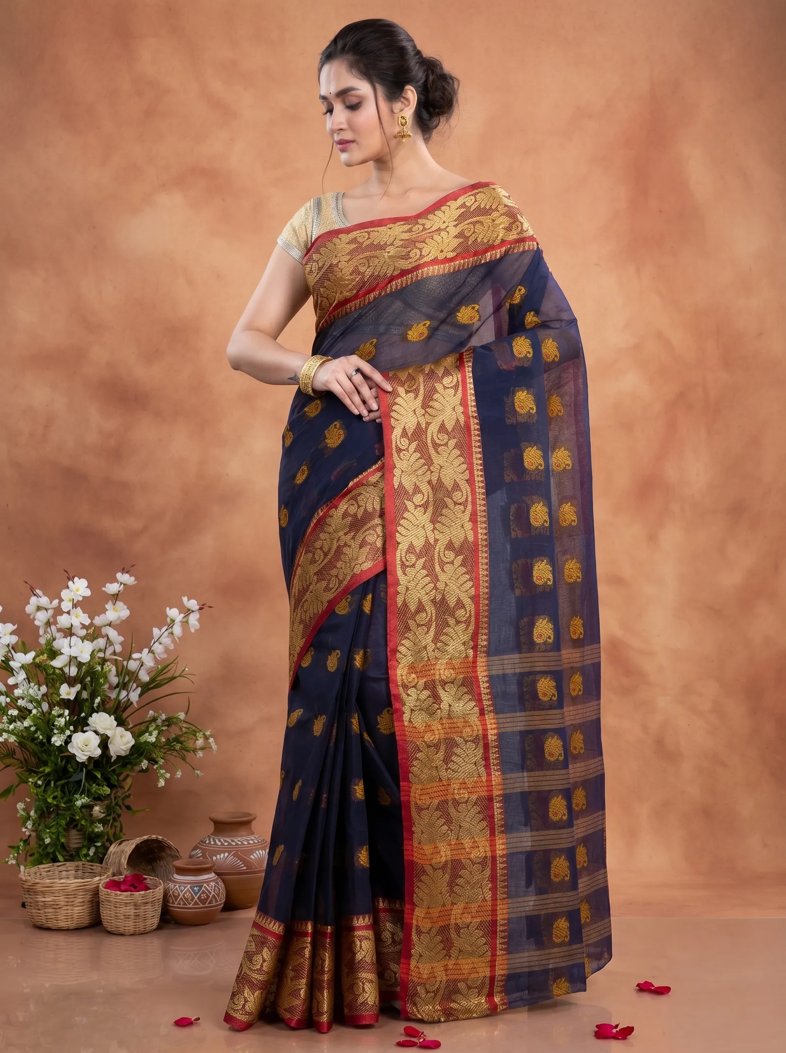 DipDiya Pure Cotton  Traditional Bengali Naby Blue Artisan Crafted HasFul Tant Saree