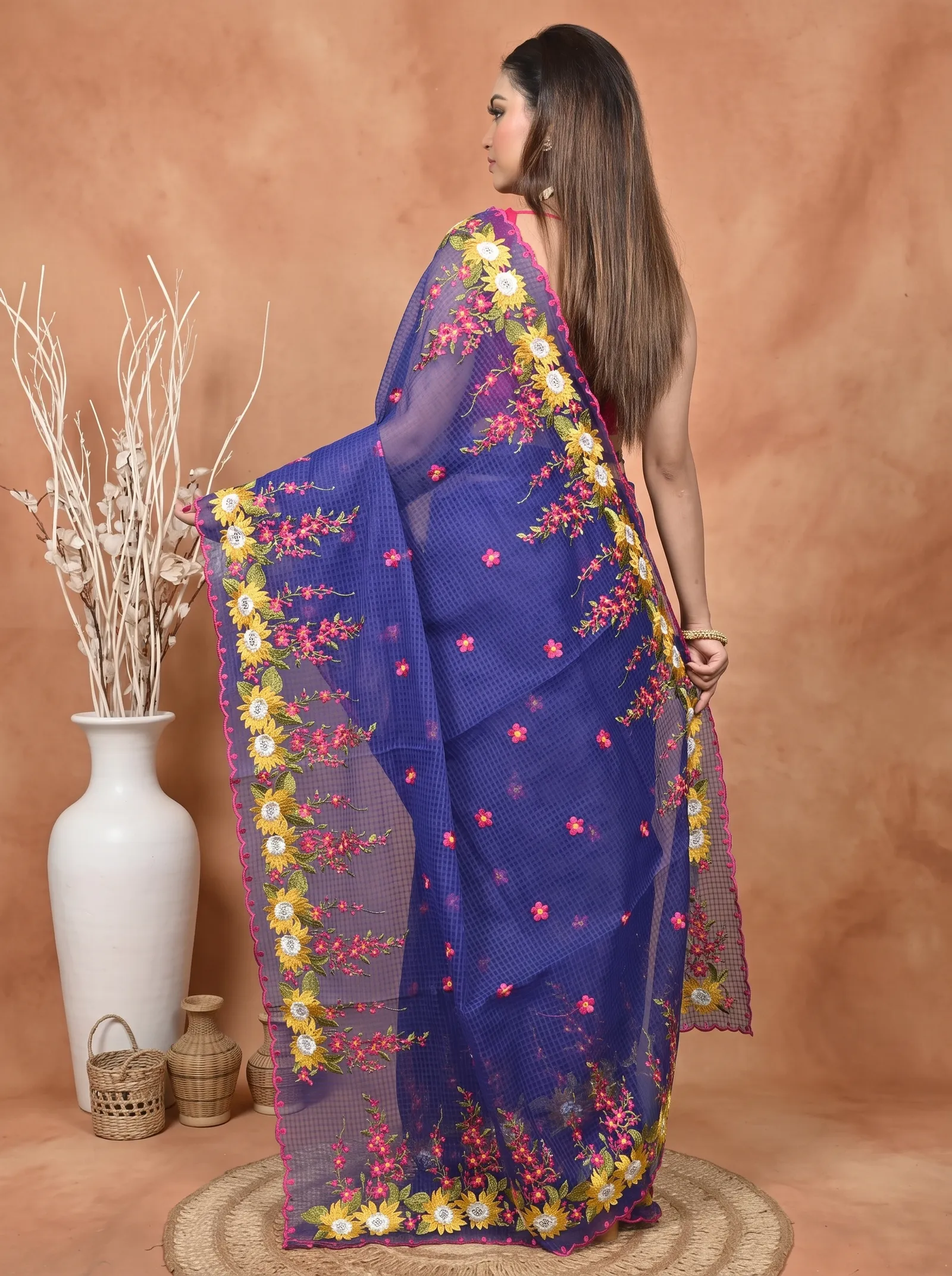 DipDiya Pure Cotton  Traditional Bengali Naby Blue Artisan Crafted Kotambo Kota Embroidery Saree