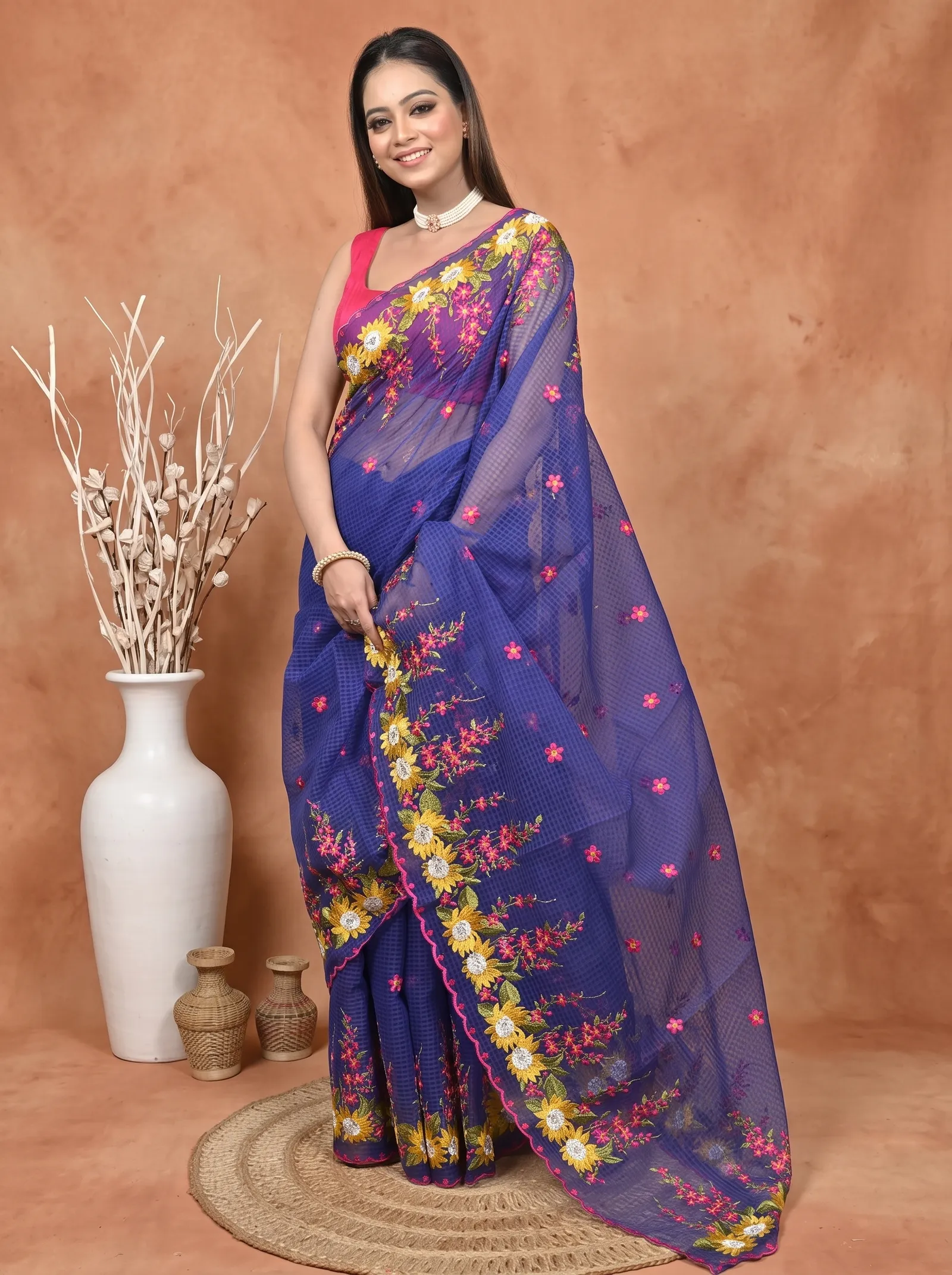 DipDiya Pure Cotton  Traditional Bengali Naby Blue Artisan Crafted Kotambo Kota Embroidery Saree