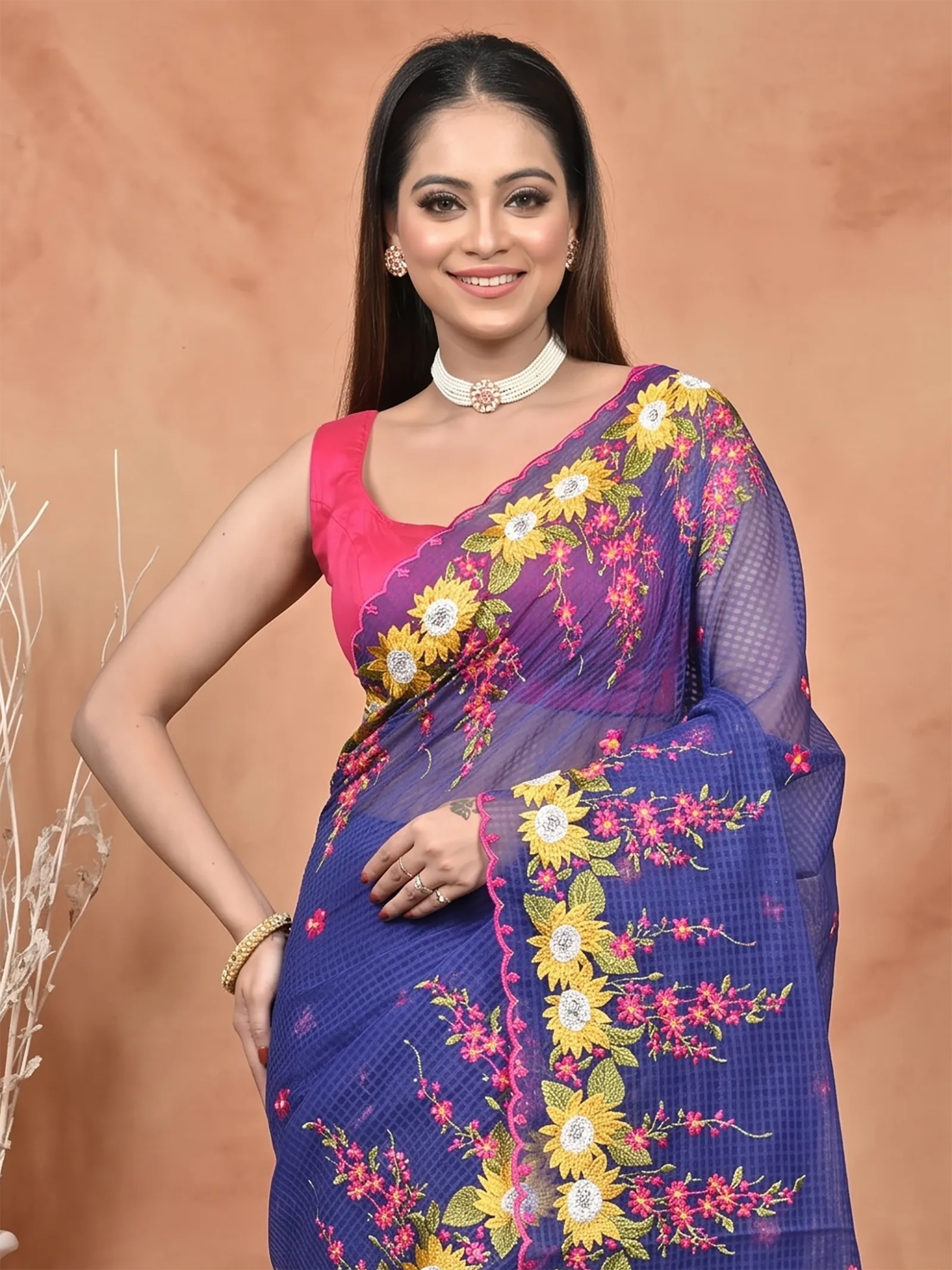 DipDiya Pure Cotton  Traditional Bengali Naby Blue Artisan Crafted Kotambo Kota Embroidery Saree