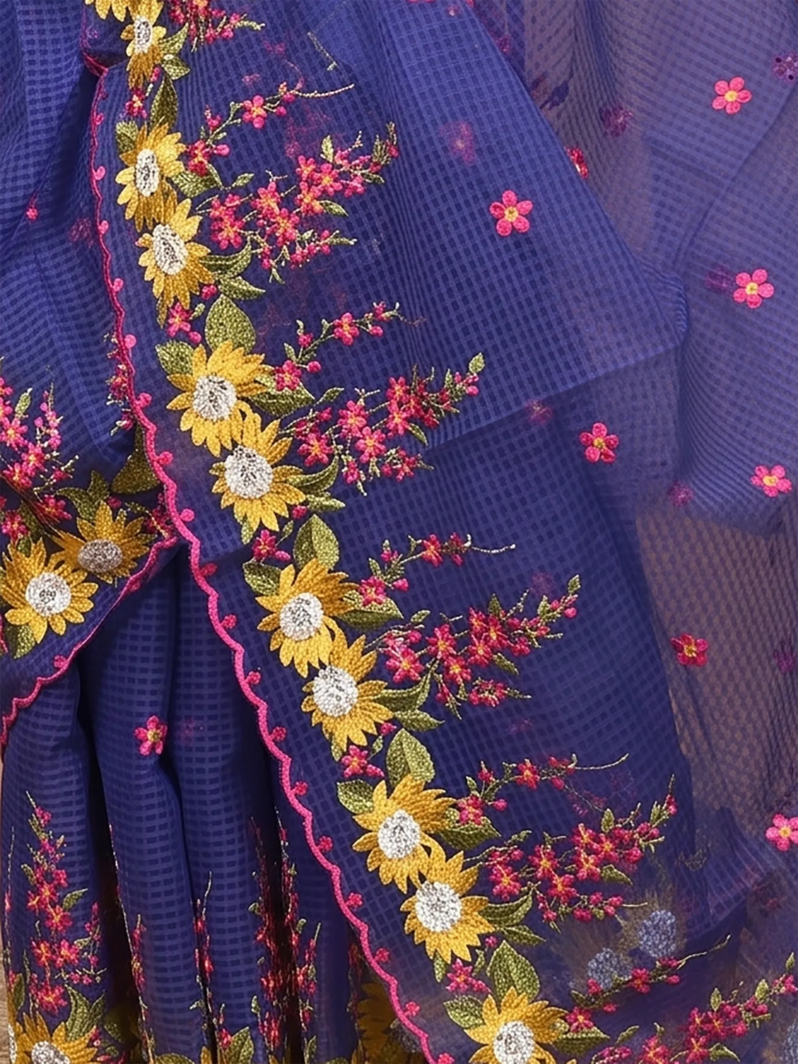 DipDiya Pure Cotton  Traditional Bengali Naby Blue Artisan Crafted Kotambo Kota Embroidery Saree