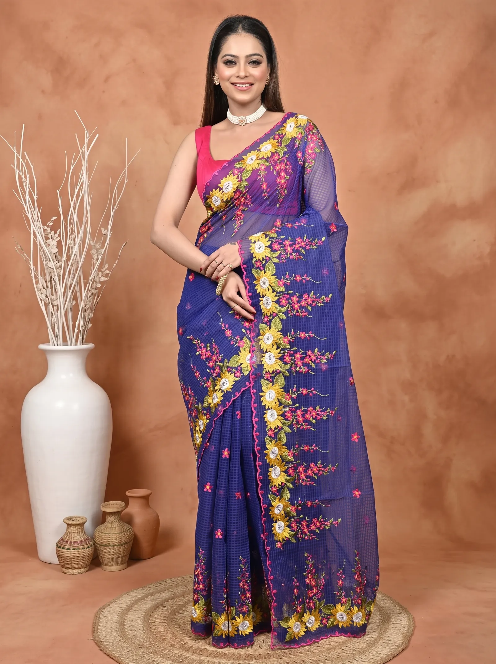 DipDiya Pure Cotton  Traditional Bengali Naby Blue Artisan Crafted Kotambo Kota Embroidery Saree