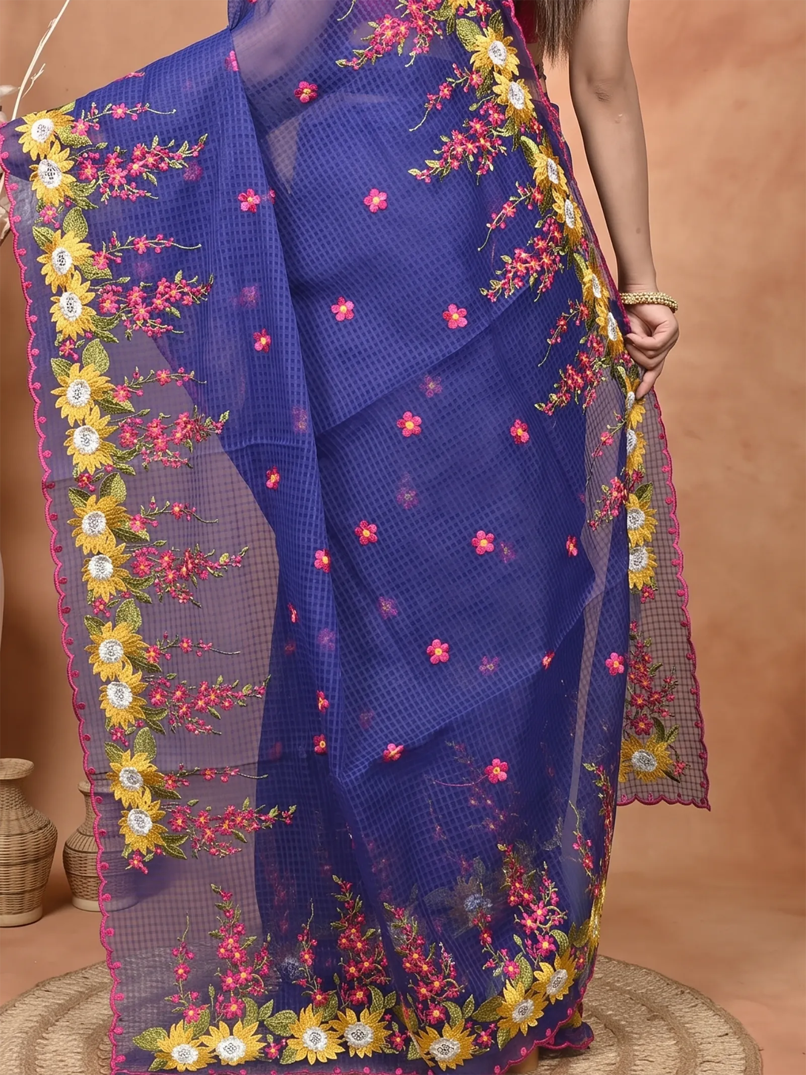DipDiya Pure Cotton  Traditional Bengali Naby Blue Artisan Crafted Kotambo Kota Embroidery Saree