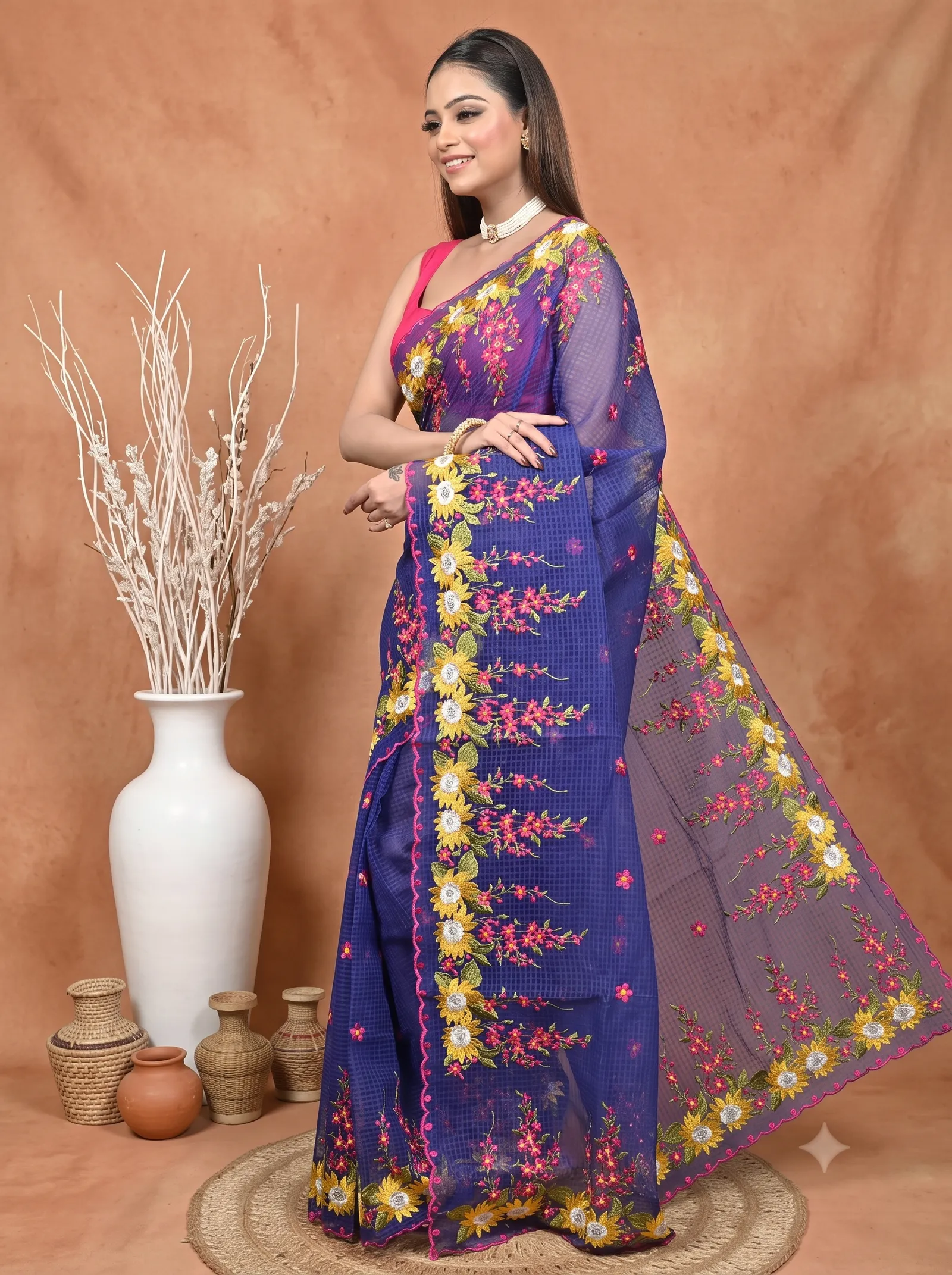 DipDiya Pure Cotton  Traditional Bengali Naby Blue Artisan Crafted Kotambo Kota Embroidery Saree