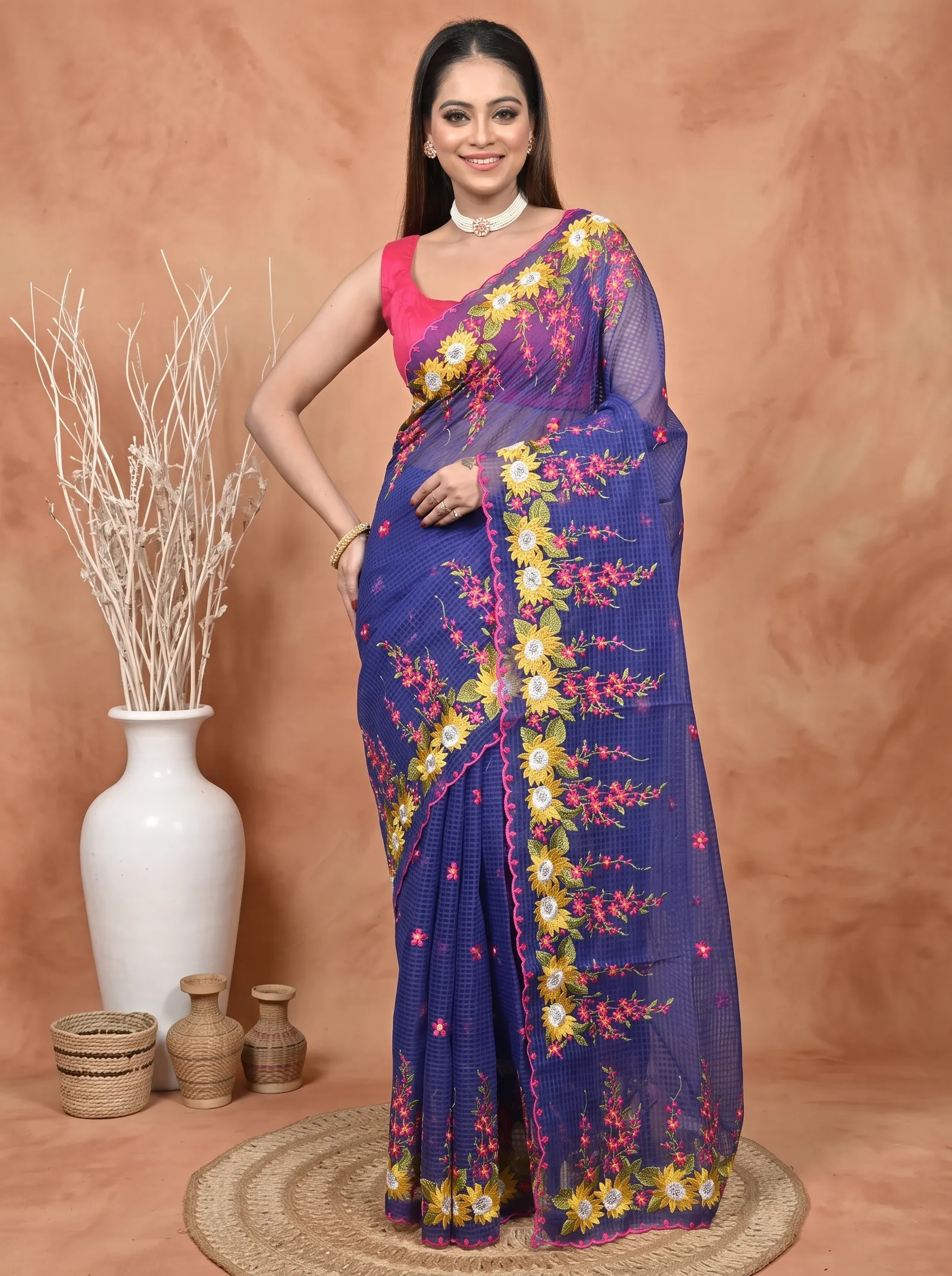 DipDiya Pure Cotton  Traditional Bengali Naby Blue Artisan Crafted Kotambo Kota Embroidery Saree