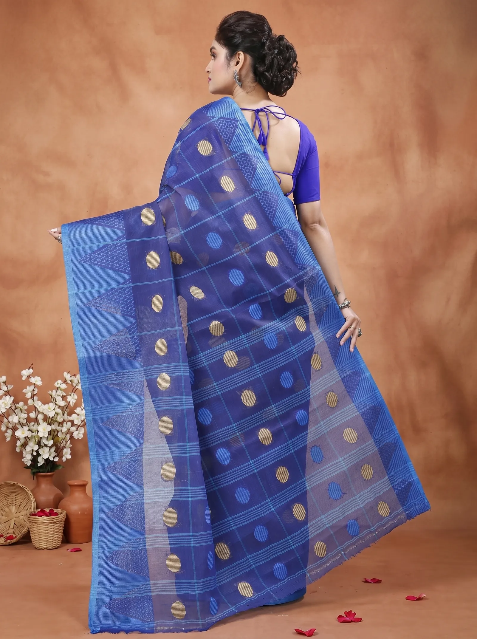 DipDiya Pure Cotton  Traditional Bengali Naby Blue Artisan Crafted Rebeka Tant Saree
