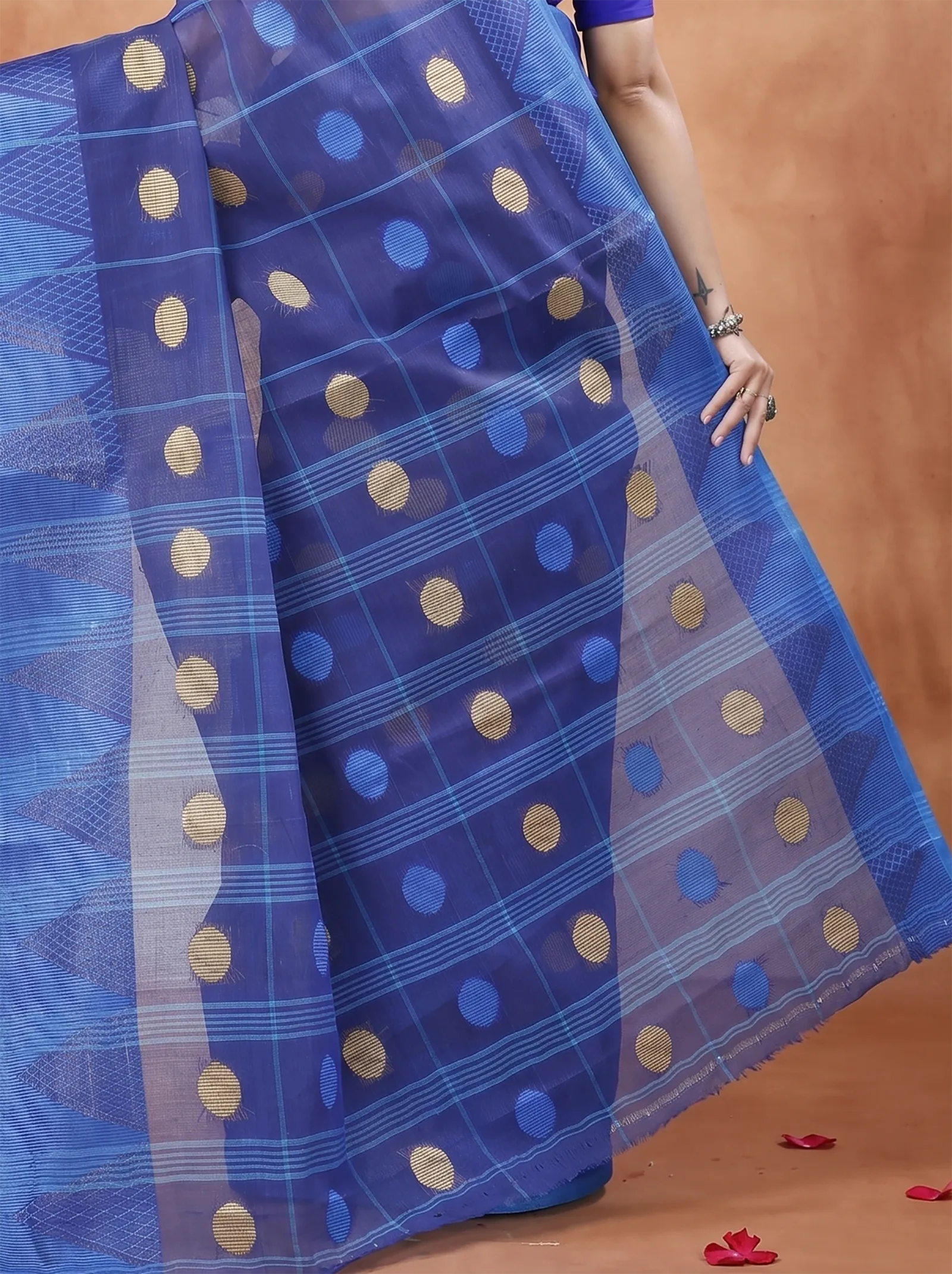 DipDiya Pure Cotton  Traditional Bengali Naby Blue Artisan Crafted Rebeka Tant Saree