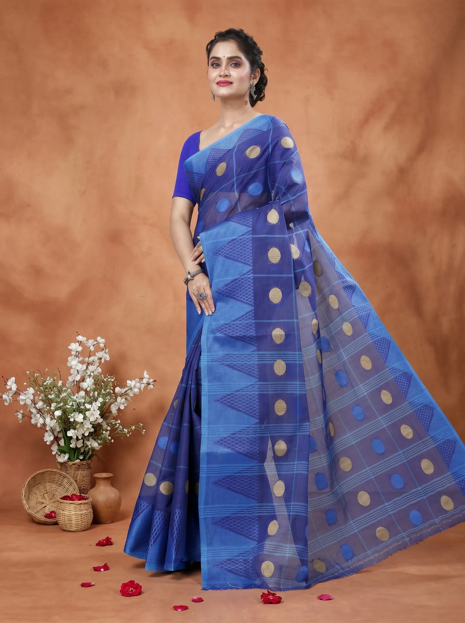 DipDiya Pure Cotton  Traditional Bengali Naby Blue Artisan Crafted Rebeka Tant Saree