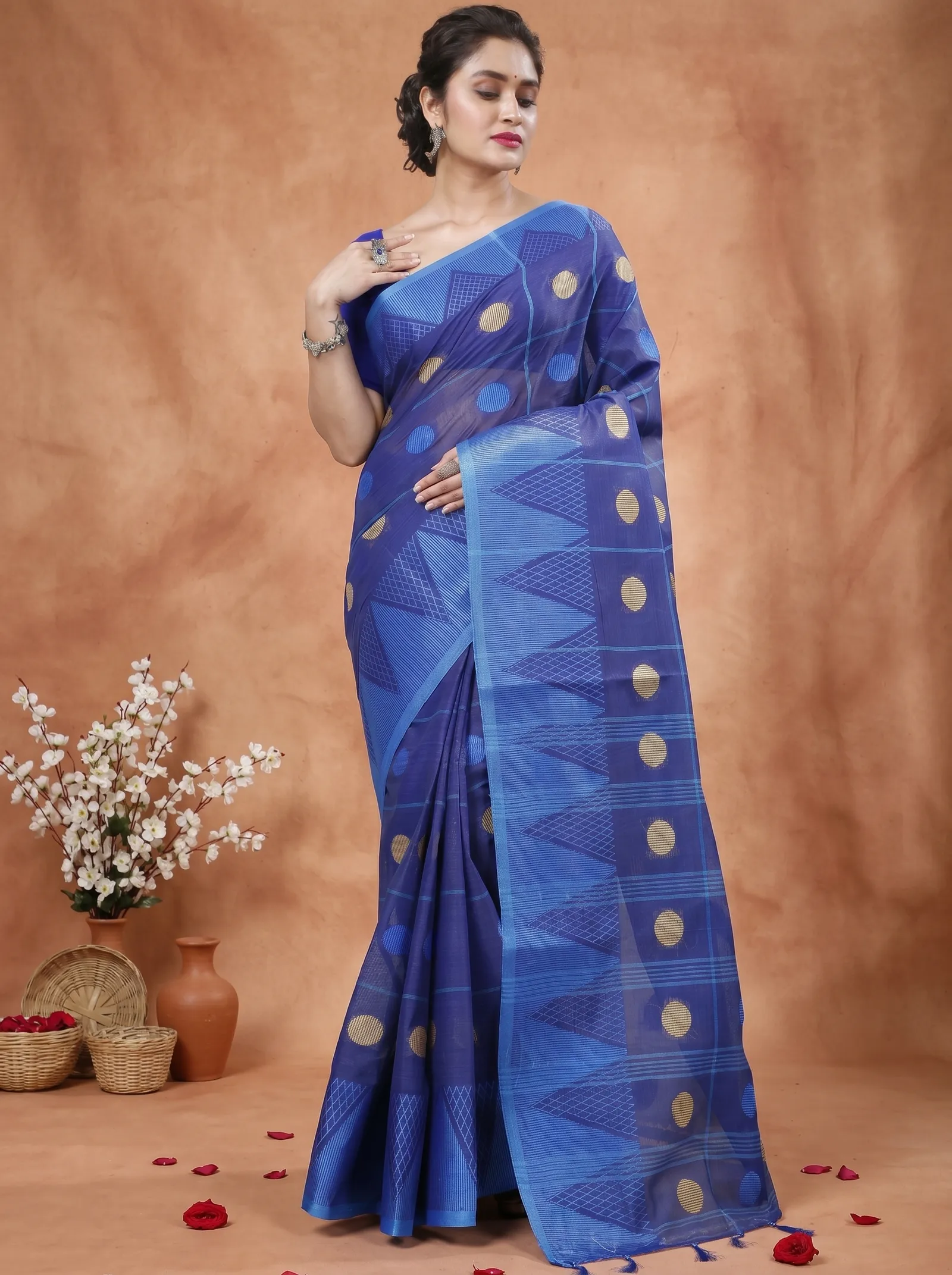 DipDiya Pure Cotton  Traditional Bengali Naby Blue Artisan Crafted Rebeka Tant Saree