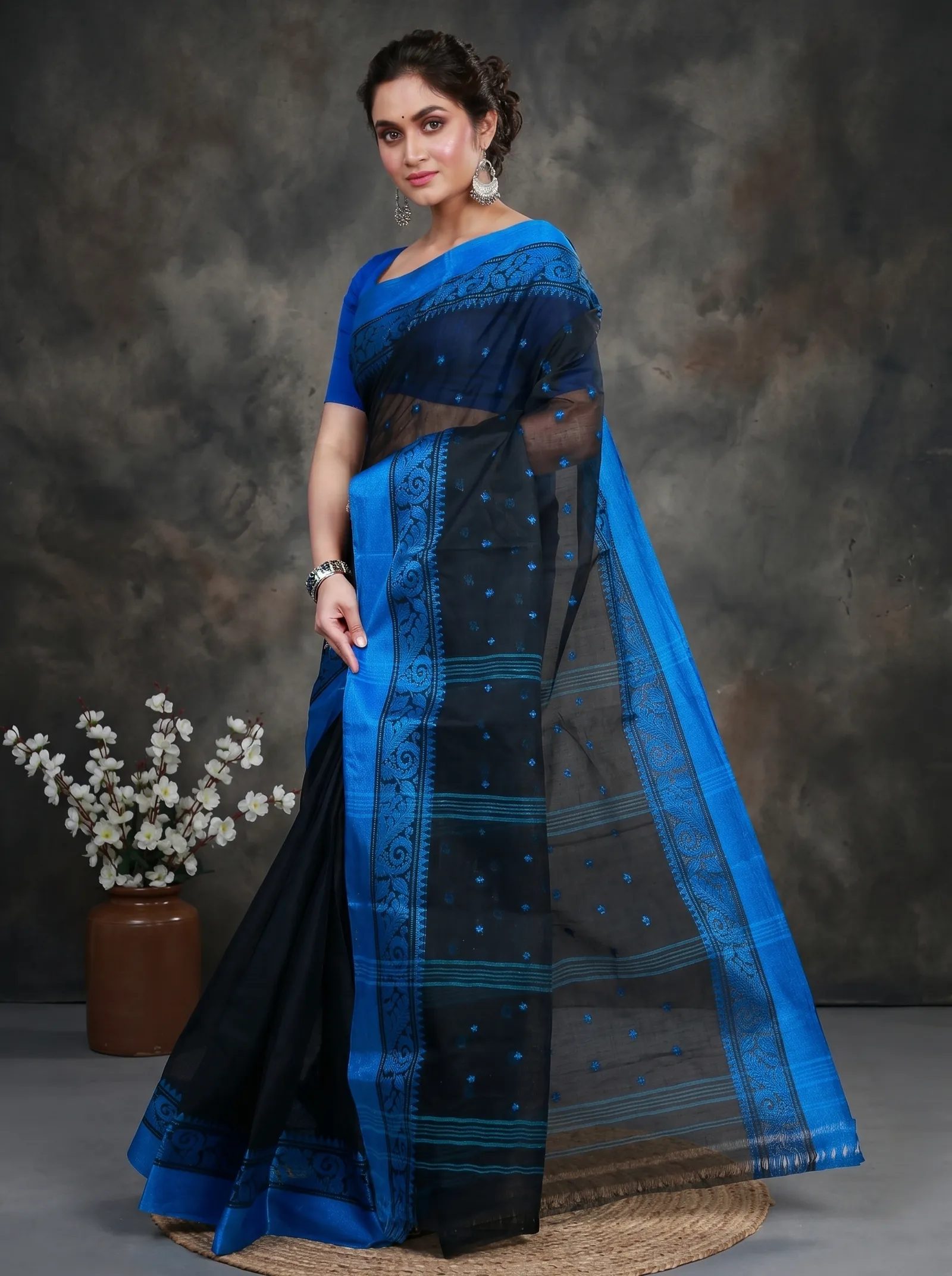 DipDiya Pure Cotton  Traditional Bengali Naby Blue Artisan Crafted Sorbori Tant Saree