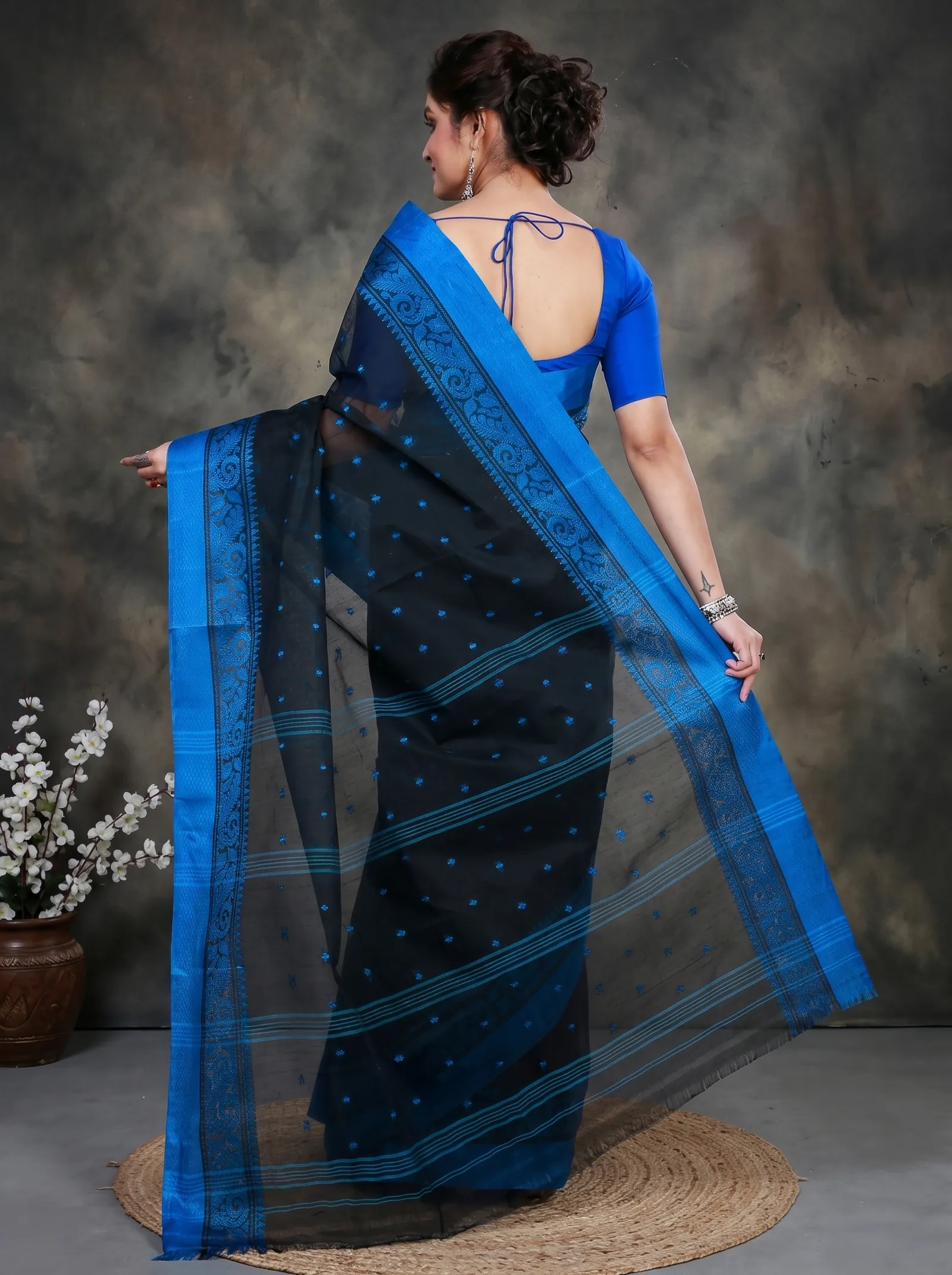 DipDiya Pure Cotton  Traditional Bengali Naby Blue Artisan Crafted Sorbori Tant Saree