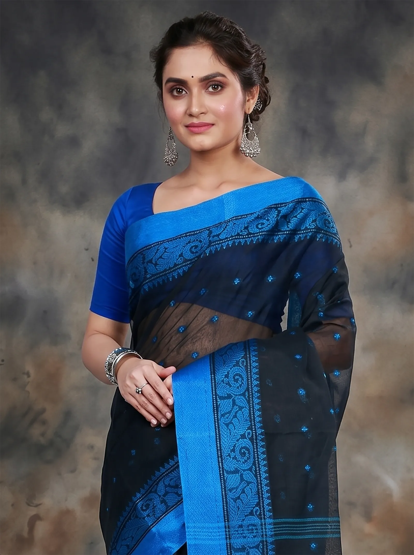DipDiya Pure Cotton  Traditional Bengali Naby Blue Artisan Crafted Sorbori Tant Saree
