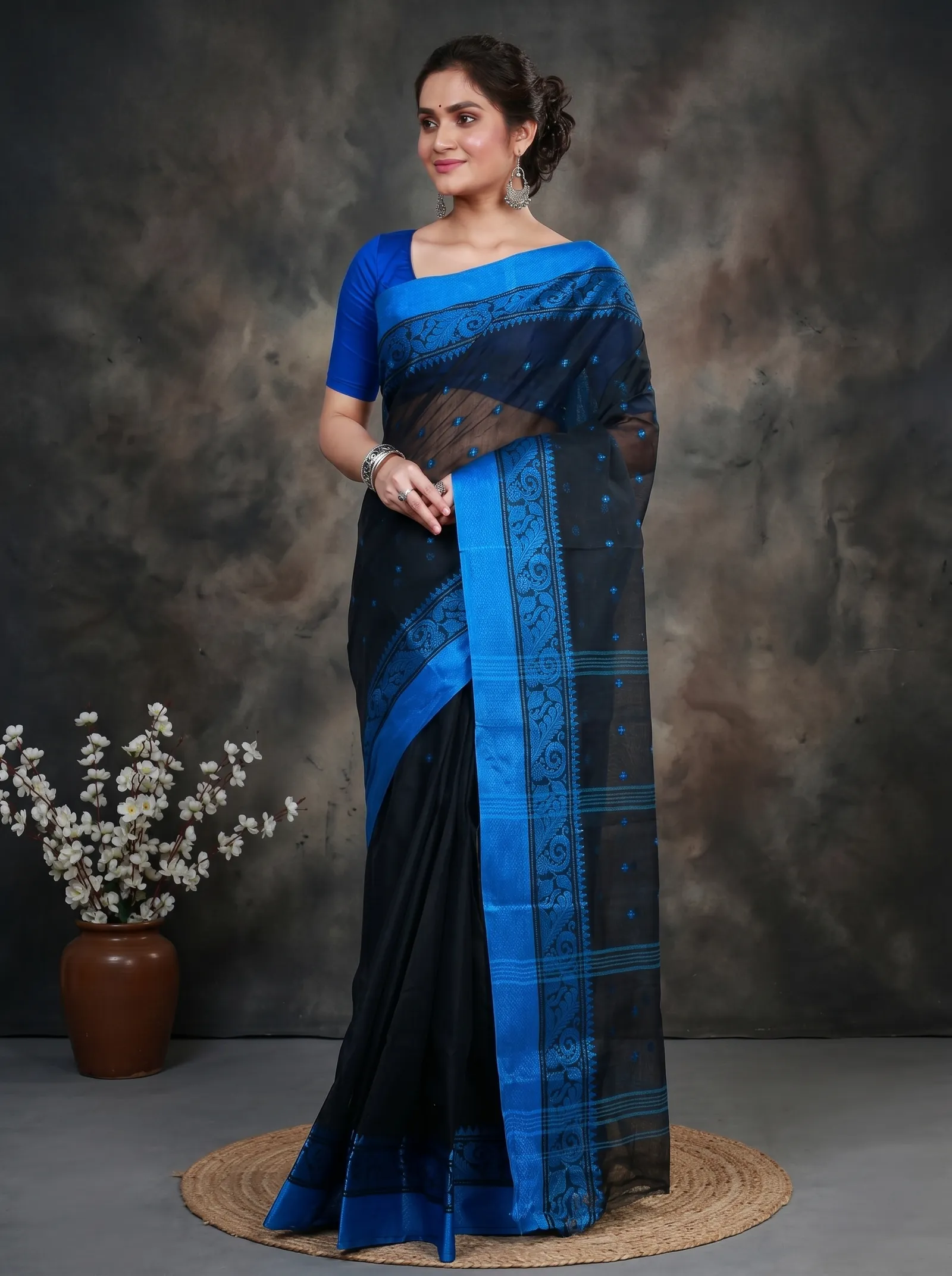 DipDiya Pure Cotton  Traditional Bengali Naby Blue Artisan Crafted Sorbori Tant Saree