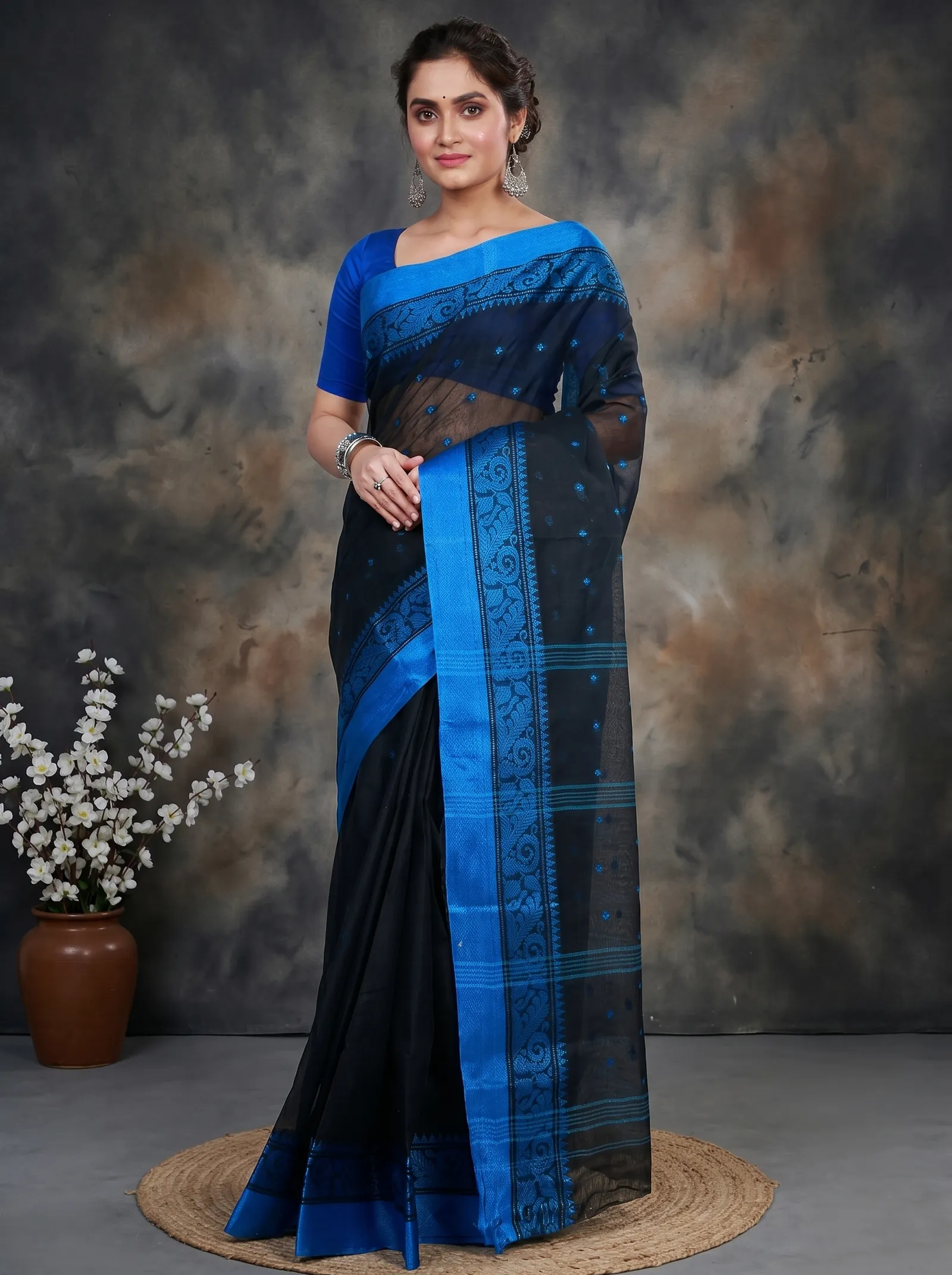 DipDiya Pure Cotton  Traditional Bengali Naby Blue Artisan Crafted Sorbori Tant Saree